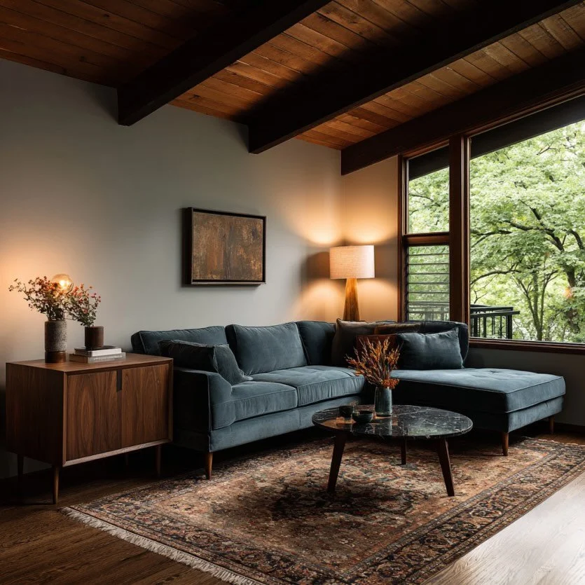 Vaulted ceilings, wood paneling, enormous windows showcasing mature trees, and mid-century modern furniture in rich tones. 
Design: @_doma_design_ 📐 #DOMAdesign