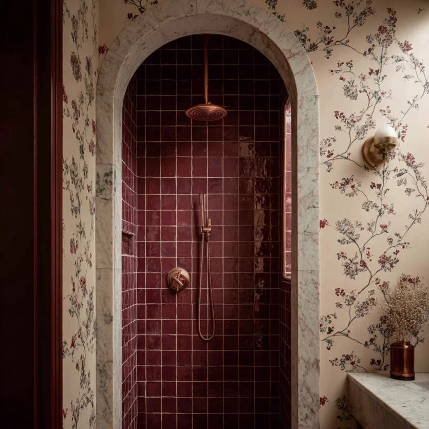 A burgundy moment in the primary shower. Design by @_doma_design_  #DOMAdesign 

#floralwallpaper #burgundy #zellige #marblearch