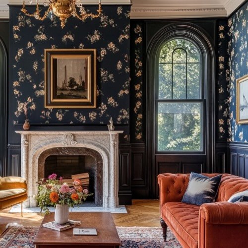A maximalist sitting room 🧡 
Rich colors, bold wallpaper, marble fireplace mantle, vintage decor, antique rugs and traditional millwork.
Design by @_doma_design_  #DOMAdesign