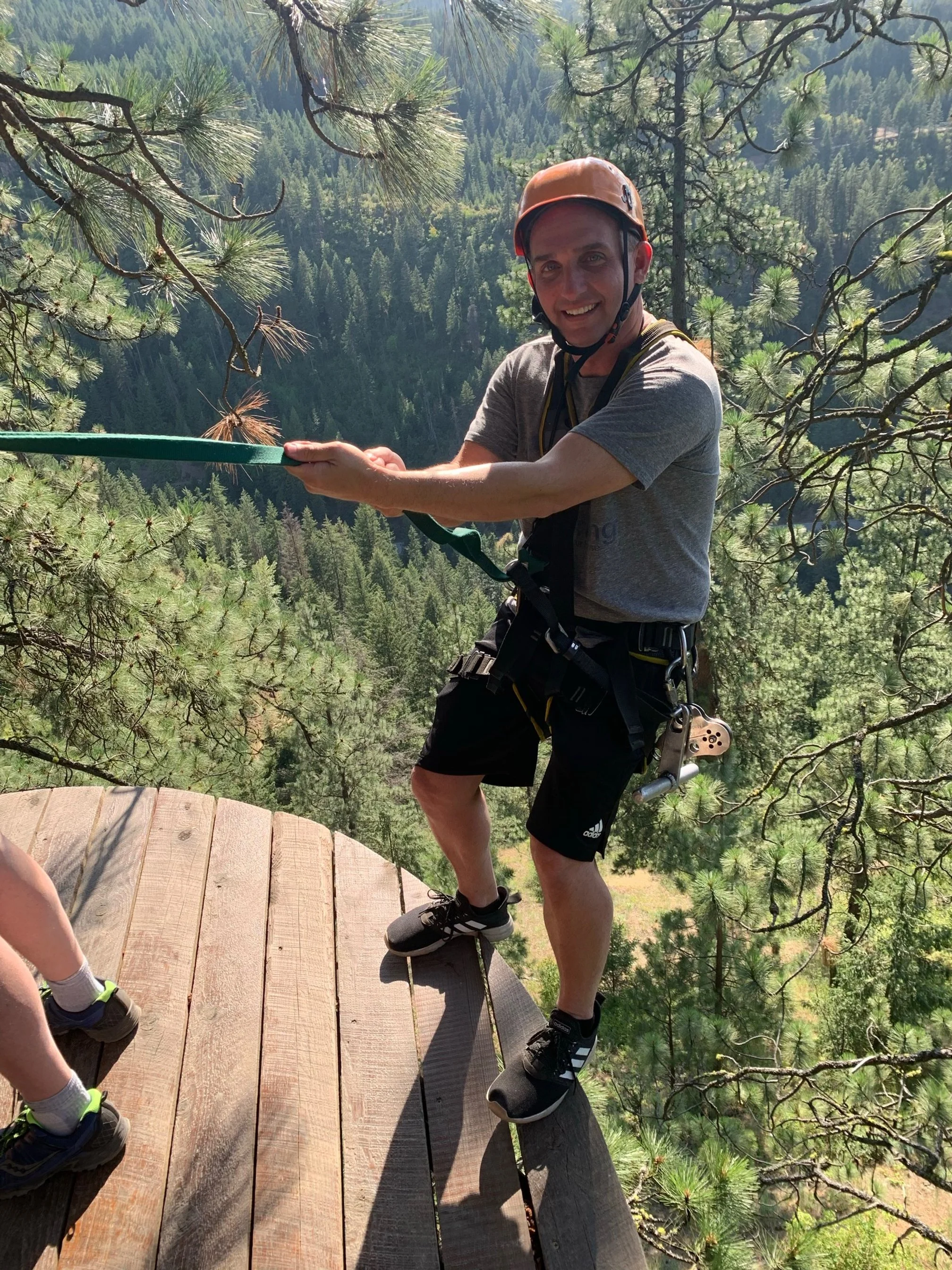 Man in helmet and harness standing on a wooden platform on a tree, mountain forest background.