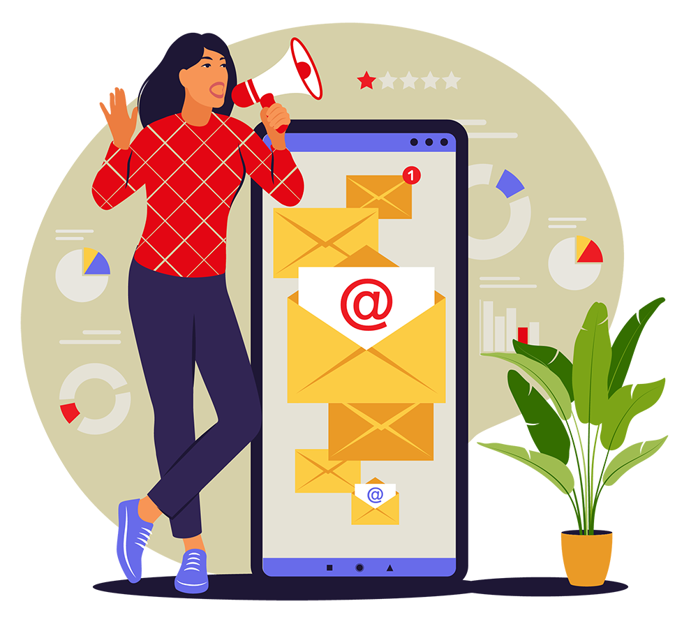 Illustration of a woman with dark hair holding a megaphone, standing next to a large smartphone with email icons on the screen, surrounded by charts and a potted plant.