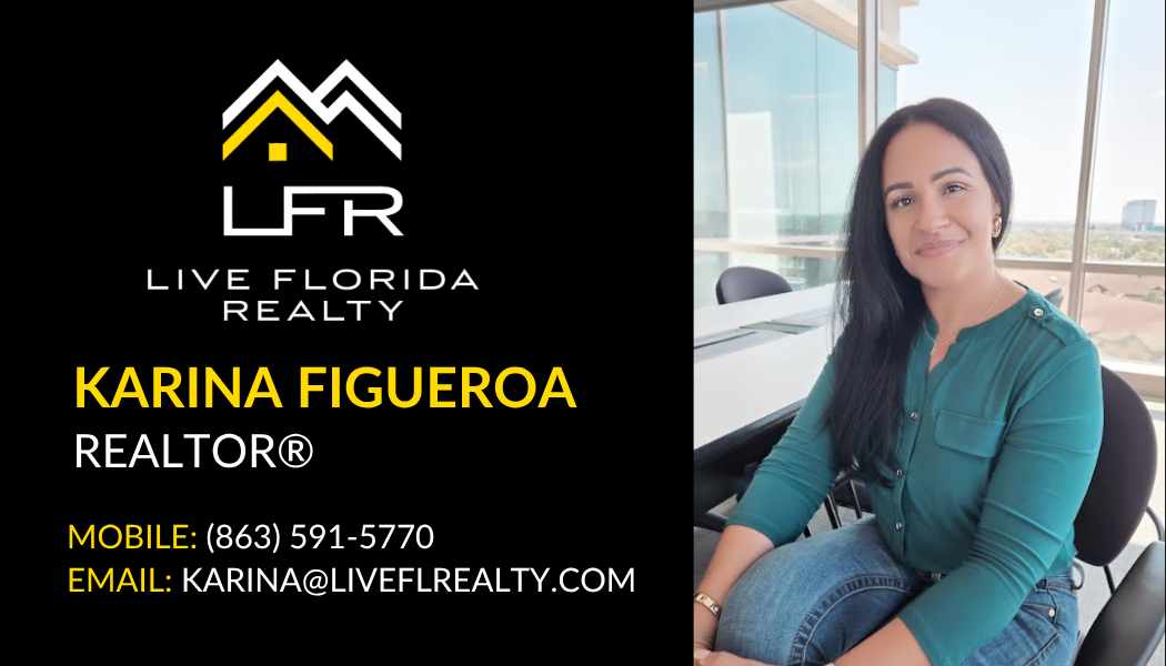Digital business card for Karina Figueroa, Realtor at Live Florida Realty. Phone: 863-591-5770, Email: karina@liveflrealty.com