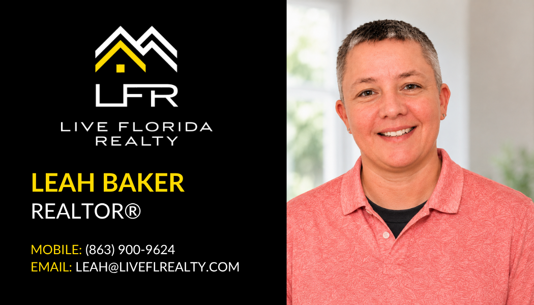 Digital business card for Leah Baker, Realtor at Live Florida Realty. Phone: (863) 900-9624, Email: leah@liveflrealty.com
