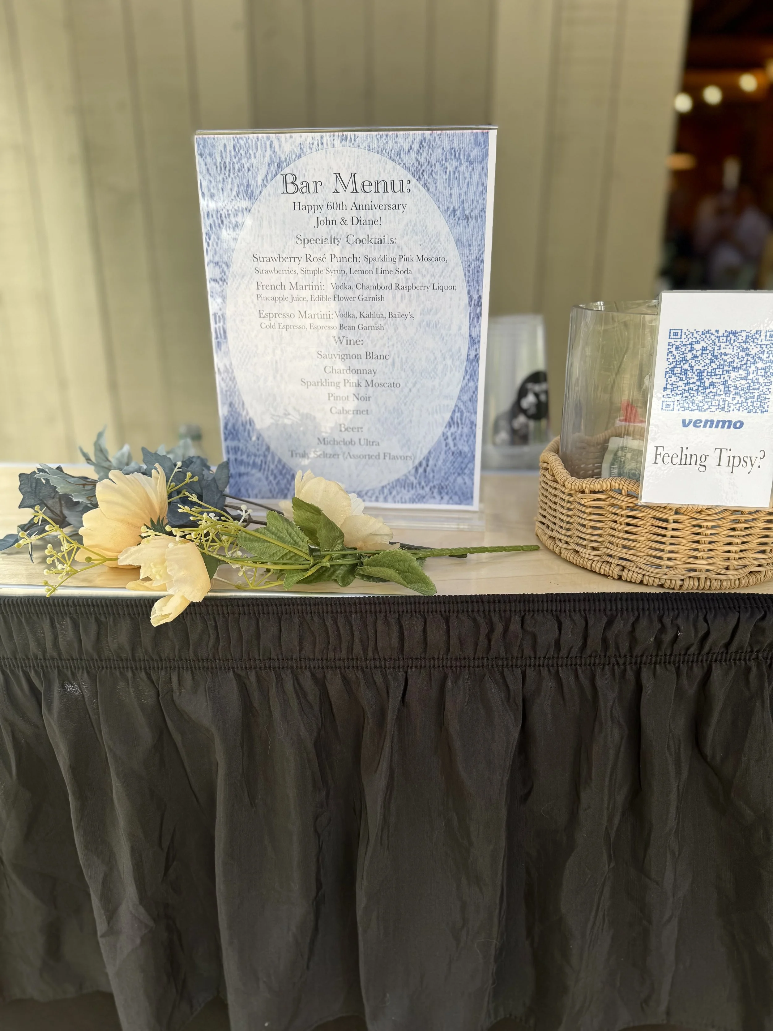 Bar Menu at John and Diane's 60th Wedding Anniversary Party in Plymouth Massachusetts includes beer,. wine, and specialty cocktails