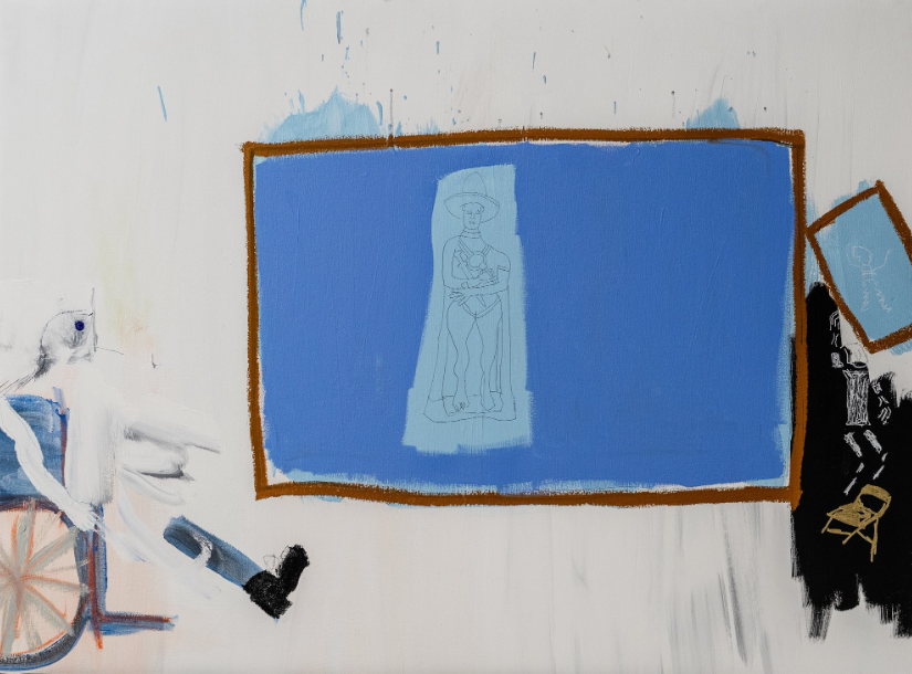 PHASE LAG EDGE DELAY: B.C. WARRIOR AND THE ELECTRIC WHEELCHAIR GENERAL,  2026
Acrylic and oil stick on canvas