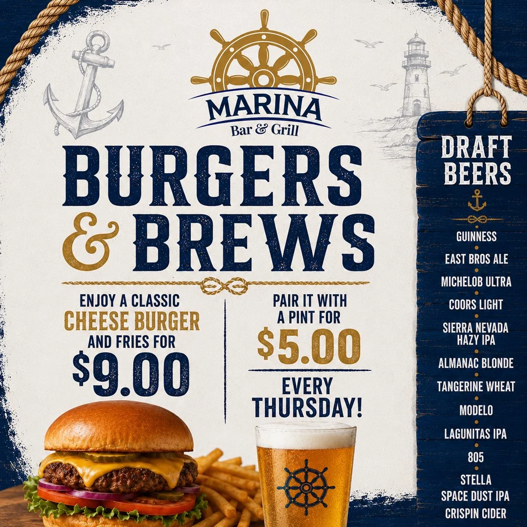Marina Bar &amp; Grill: Thurdays - Burgers &amp; Brews