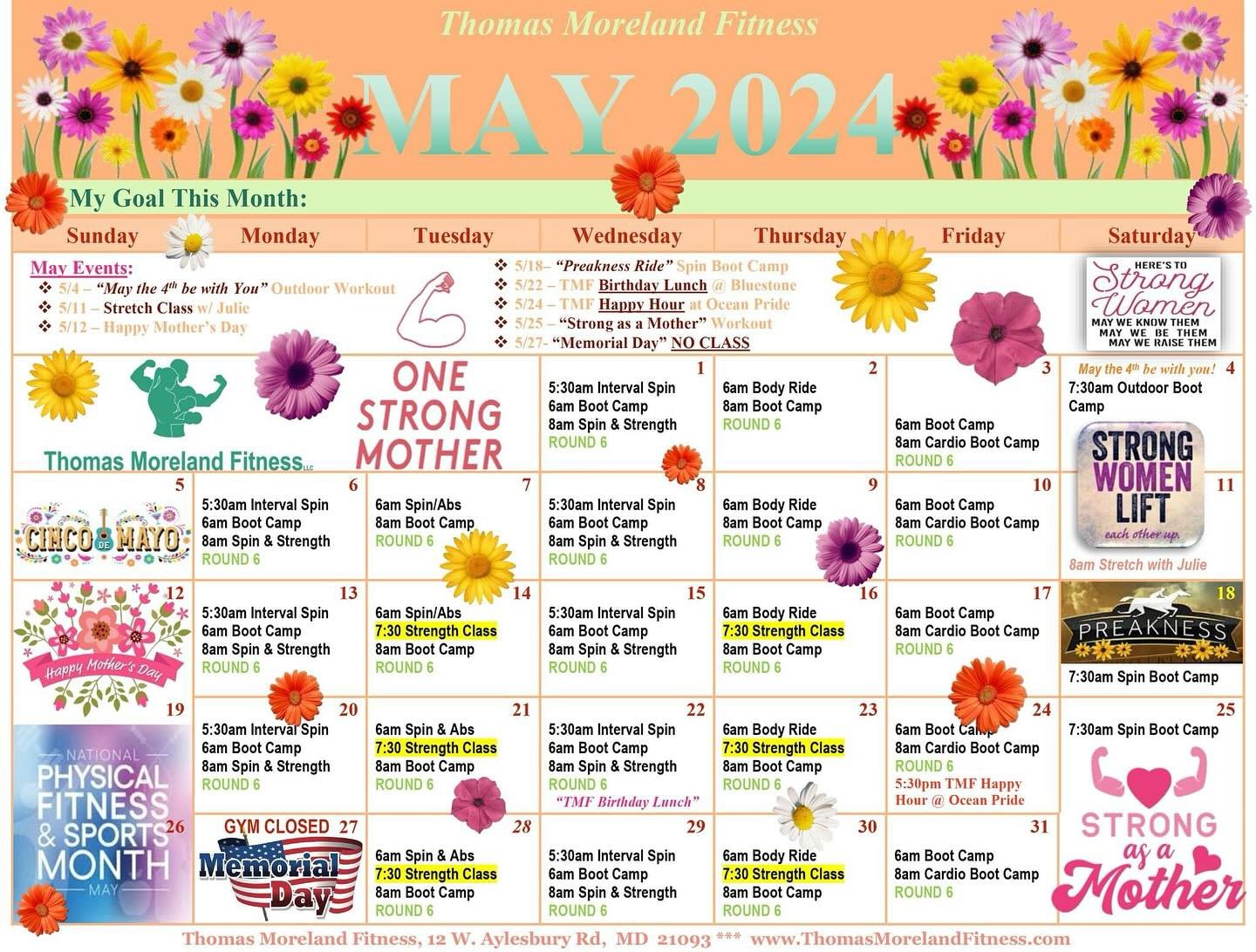 🌸 May at TMF 🌸 

🚲 💪 Pop in to try a new class 💪🚲

🎉 🎊join a celebration workout 🎊🎉

💫✨make a connection at one of our out-of-gym get togethers! ✨💫