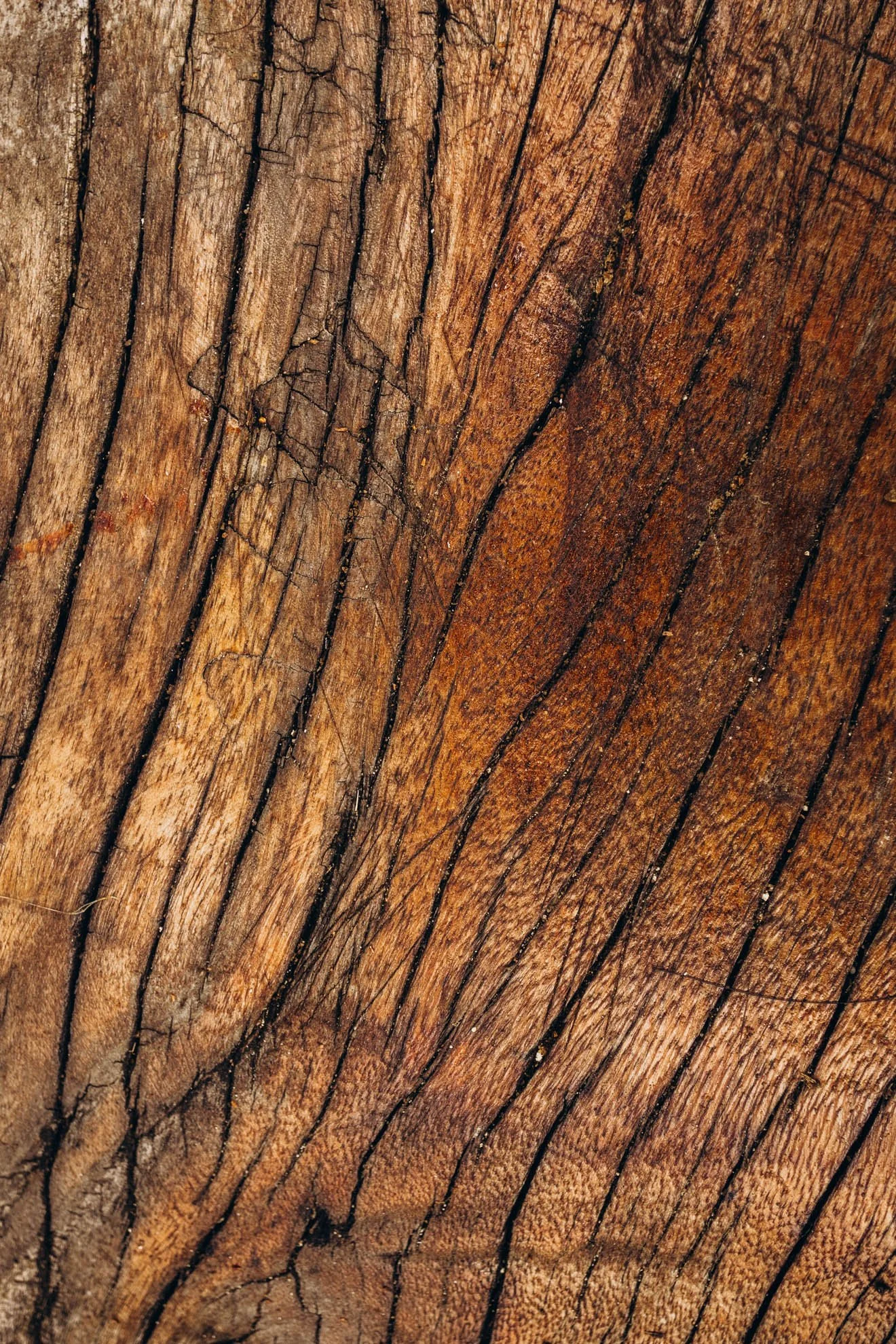 Close-up of weathered, brown wooden surface with visible cracks and grain patterns.