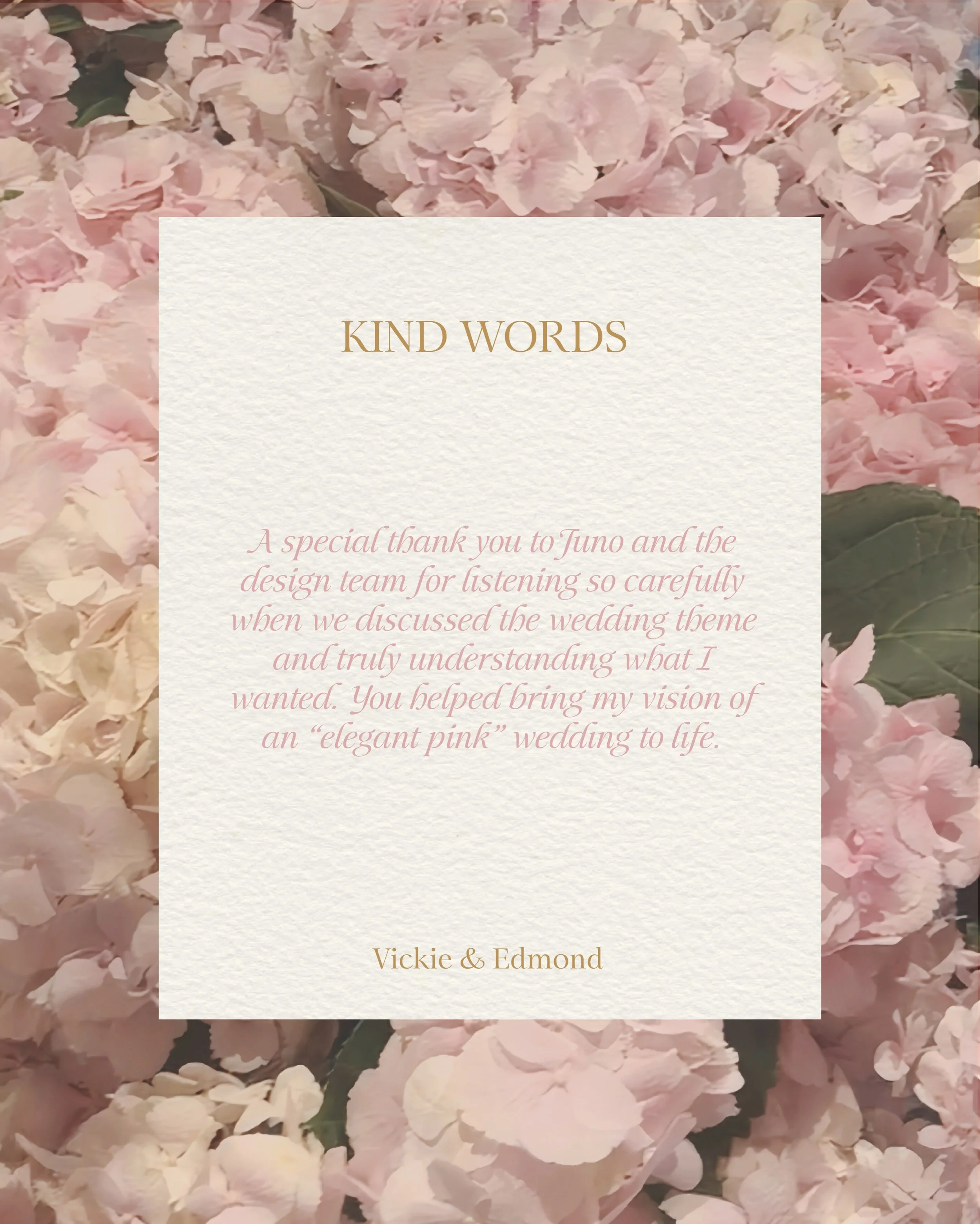 It was such an honour to create a truly personalised celebration for you. 💗

Every conversation, preference and little detail you shared helped us refine the direction and shape a design that felt most natural to your story.

#Styledbyjuno #KindWord