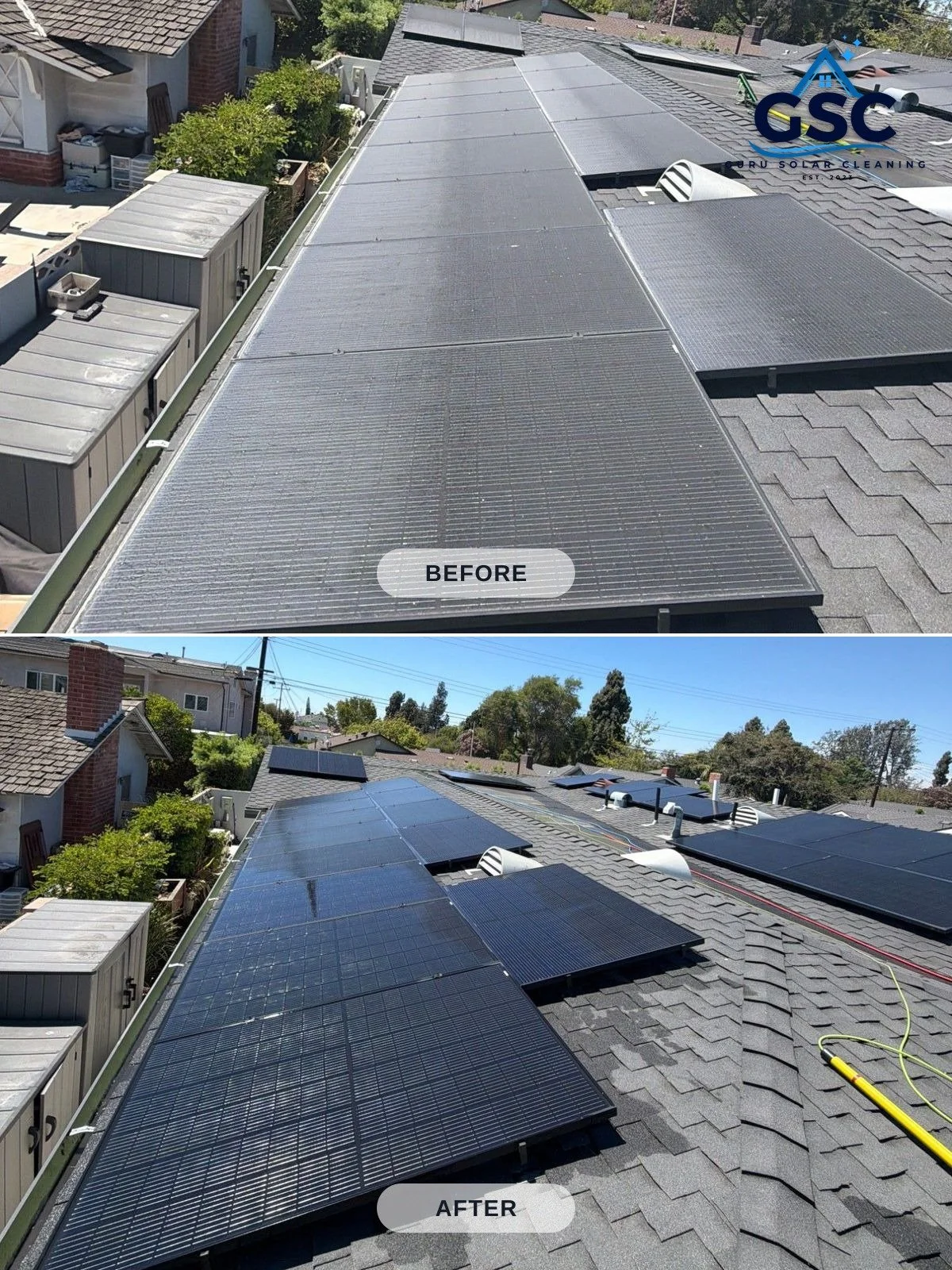 Before and after solar panel cleaning on a Los Alamitos residential asphalt shingle roof, showing heavy dust and grime buildup on black panels in the before shot and visibly clean, dark panels with a water-fed pole visible in the after shot.