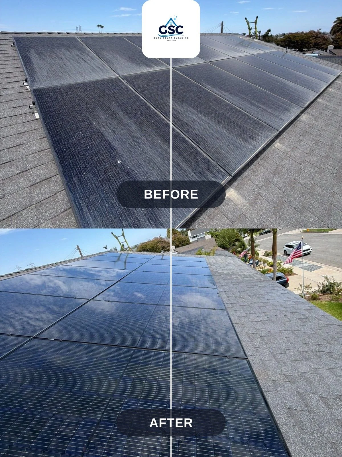 Before and after solar panel cleaning on a residential shingle roof in Huntington Beach CA showing heavy dust and streak buildup removed to reveal clear reflective panels by Guru Solar Cleaning