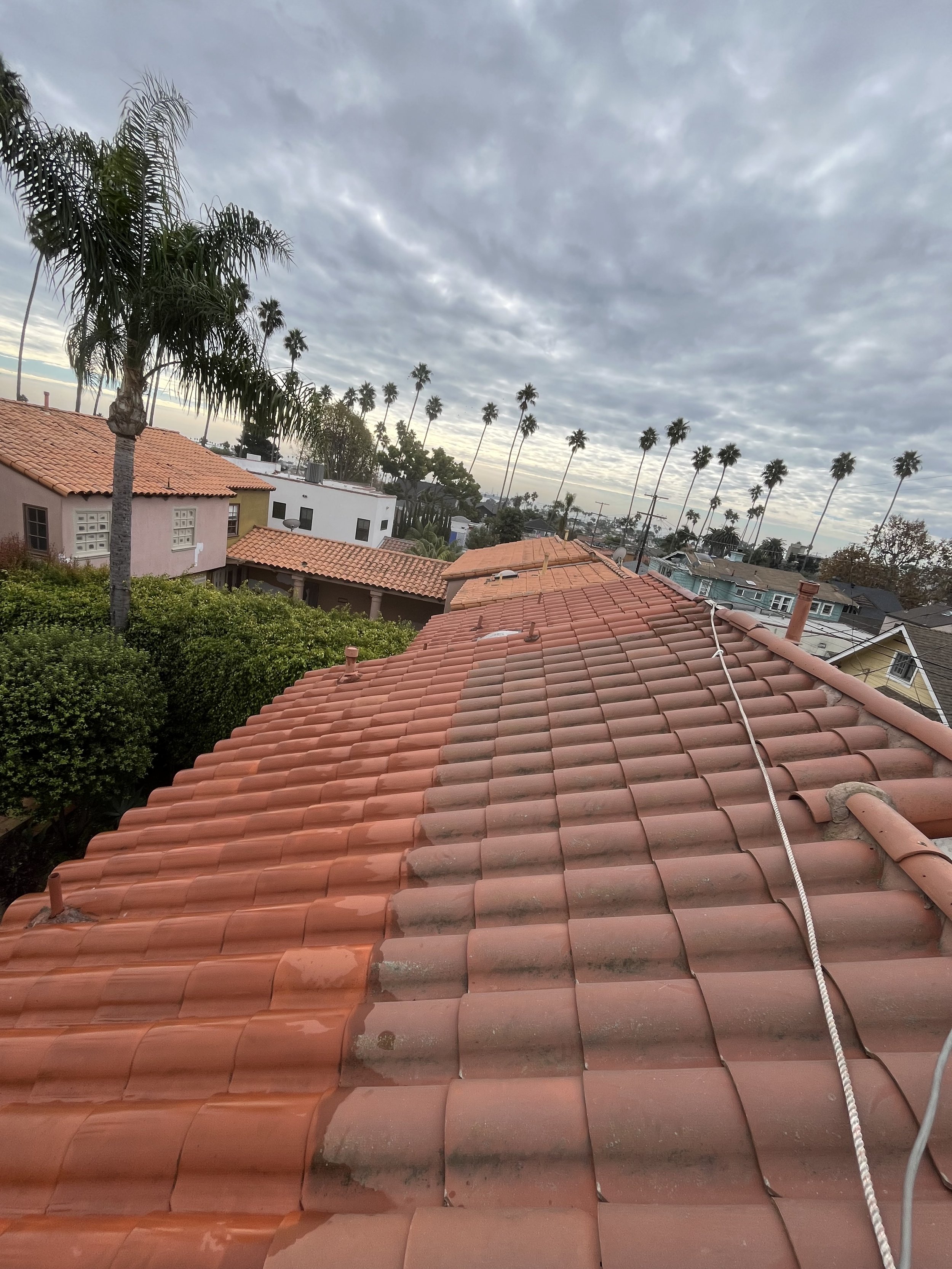 Ground-level photo of a residential roof in Long Beach, California during the soft wash process, showing a dramatic contrast: one side freshly cleaned and the other still covered in heavy algae and grime. This powerful visual highlights the effective