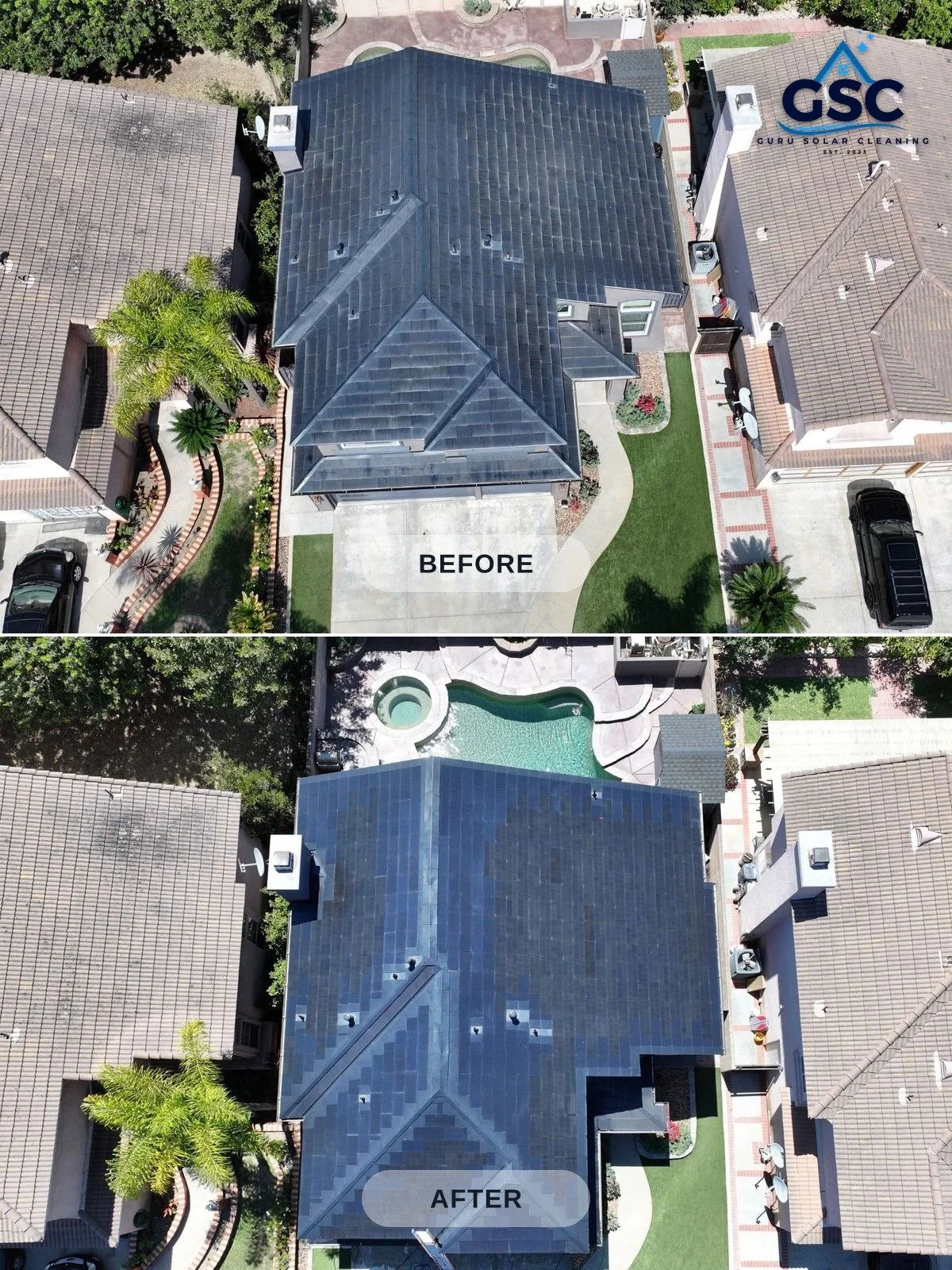 Aerial before and after drone shot of a Tesla solar roof cleaning on a residential home in Long Beach, CA — dusty muted tiles in the before frame contrast with uniformly dark, clean solar tiles in the after frame, with a backyard pool visible below.