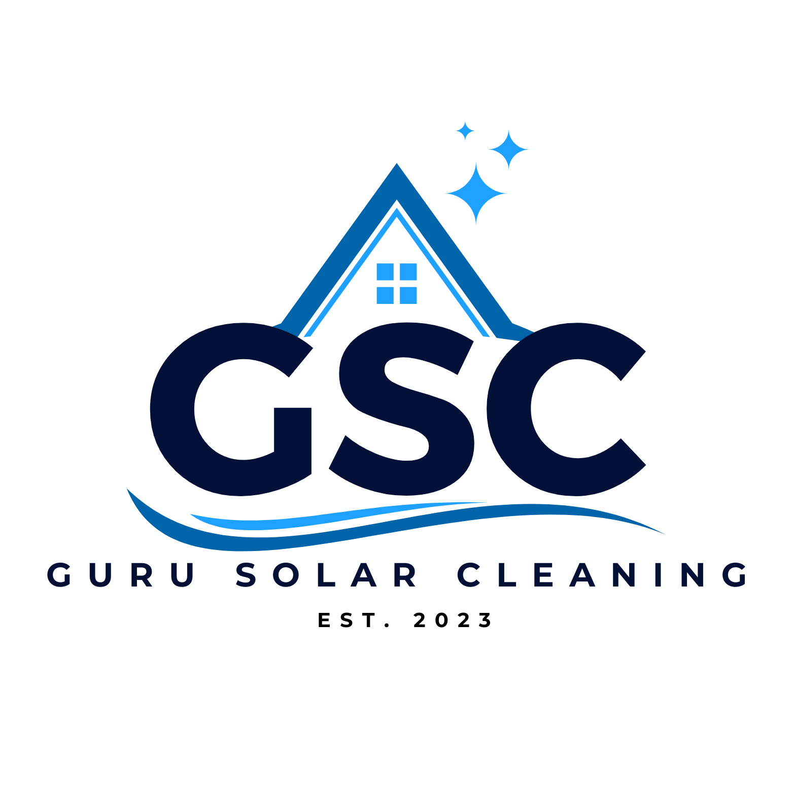 Guru Solar Cleaning LLC logo featuring a blue house roofline with sparkle icons and wave detail, representing residential solar panel cleaning services in Long Beach, CA