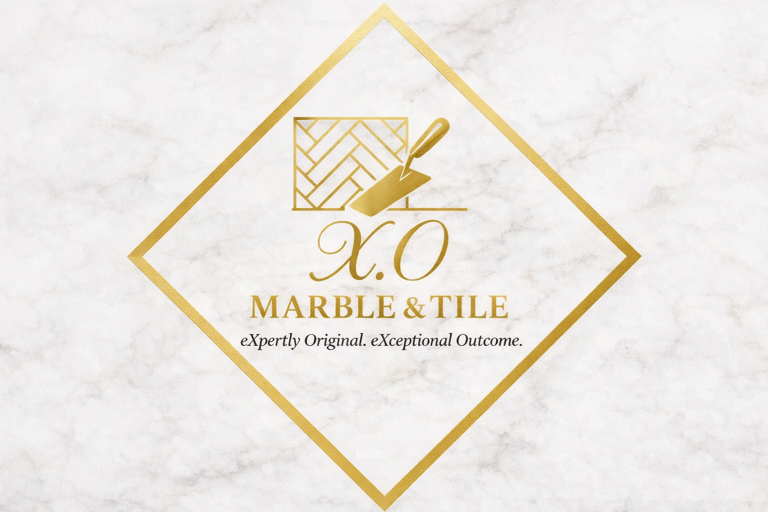 Logo for XO Marble & Tile featuring gold diamond shape, a marble tile pattern, and a trowel, with text 'X.O MARBLE & TILE' and tagline 'Expertly Original. Exceptional Outcome.' in black.