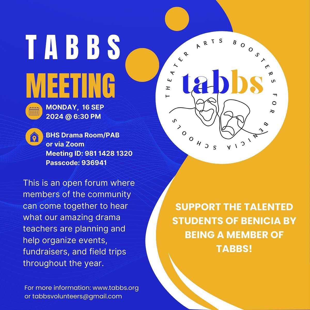 Come join us for the first TABBS meeting of the year! 

🎭 Monday, September 16th at 6:30 pm in the PAB 🎭