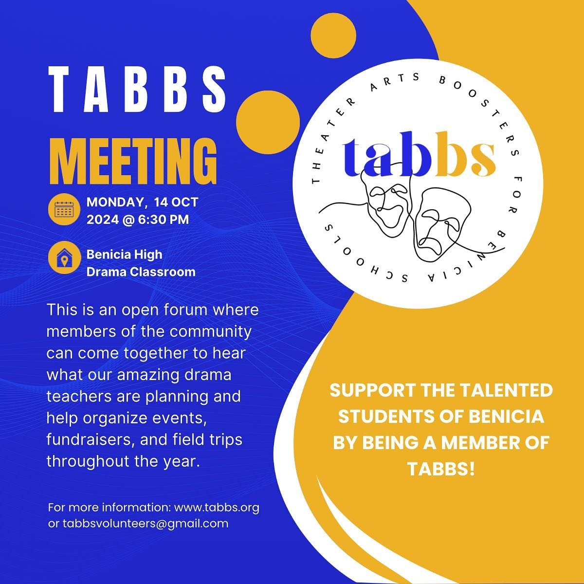 Reminder TABBS meeting tonight! Join either in person in the drama room or via zoom. We hope to see you there!