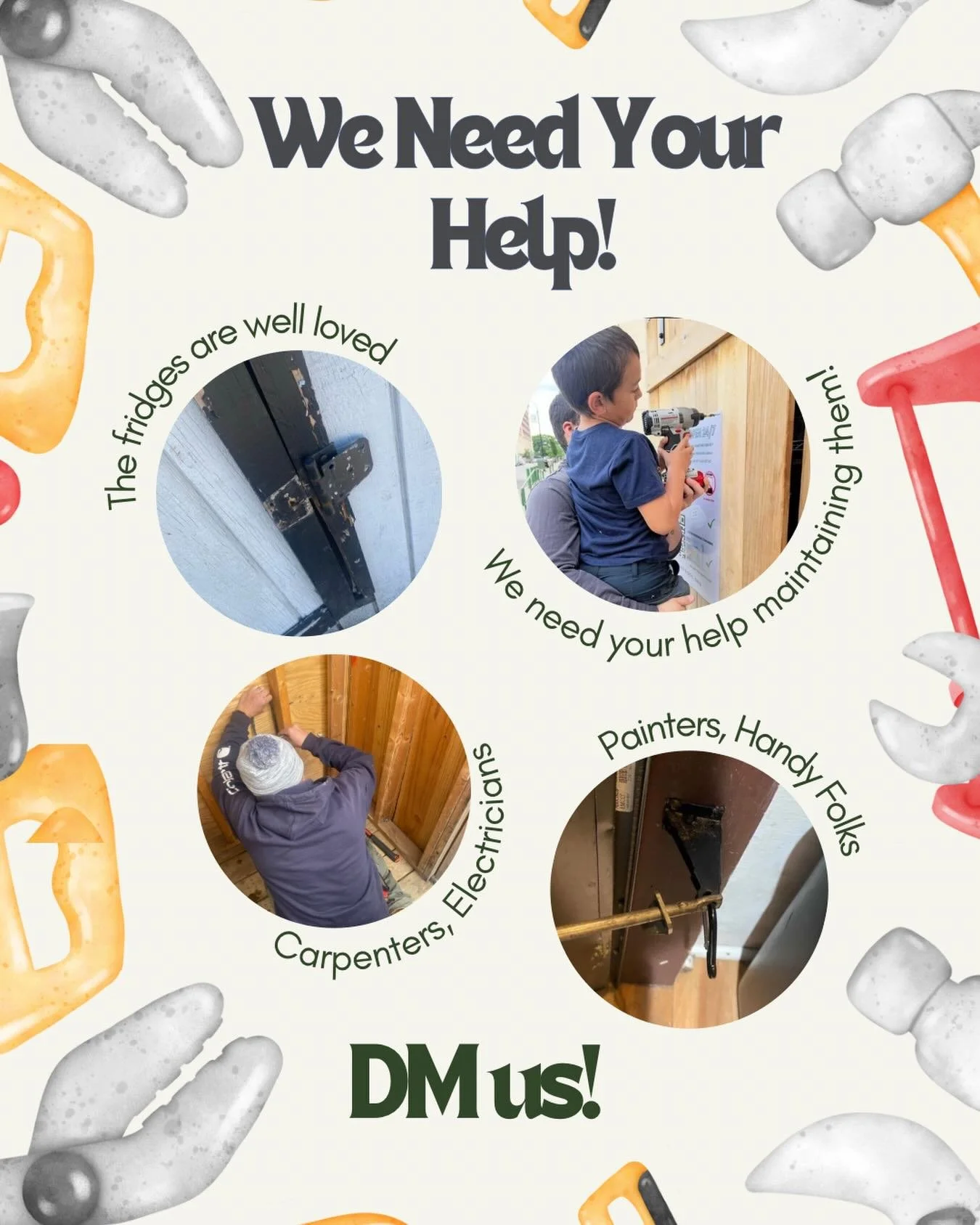 Calling all handy folks! 

We need your help maintaining the community fridge enclosures. The fridges are well loved and in need of constant repair from daily use. We need help keeping them operational and ready for neighbors to get snacks! 

We are 