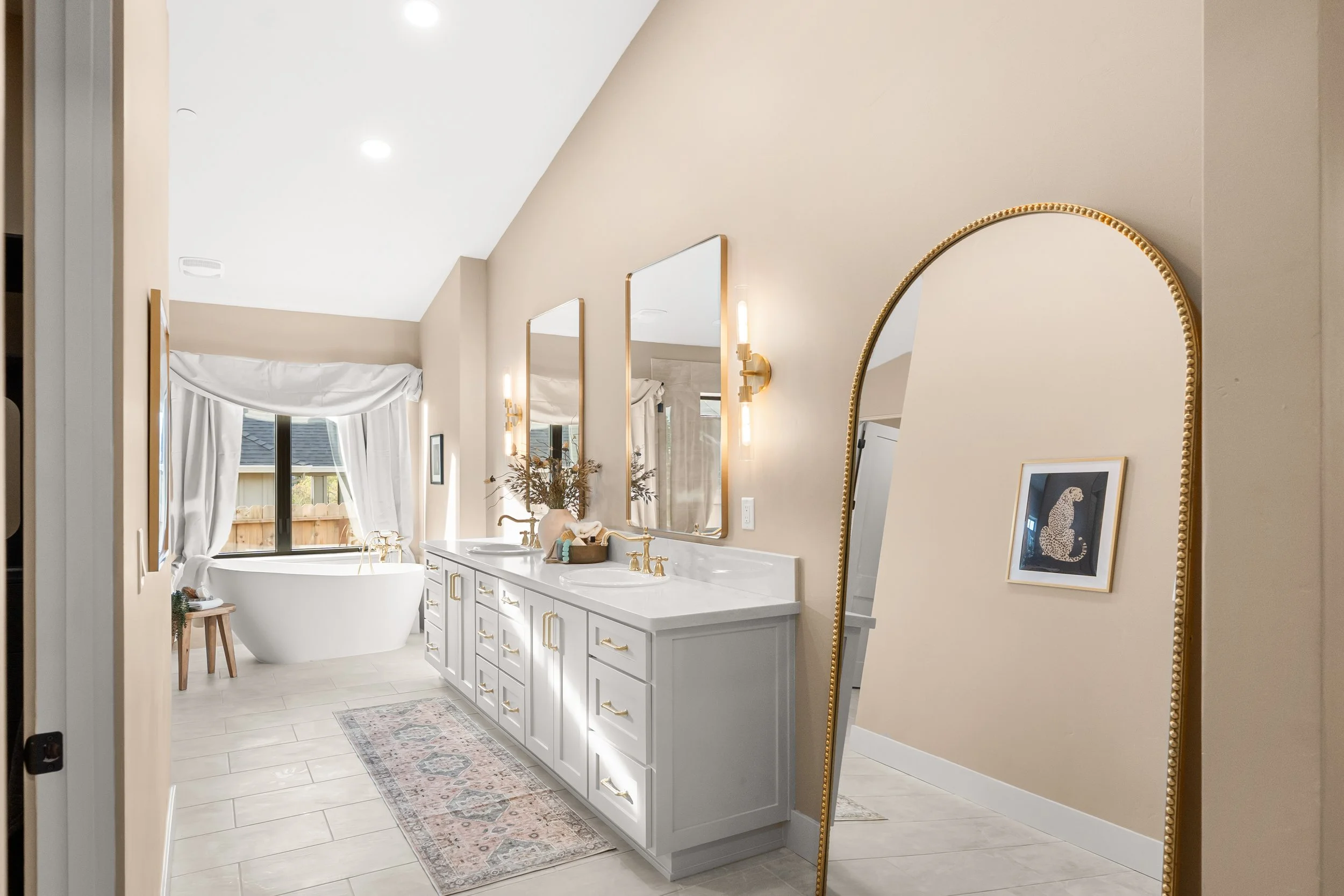 5093 Malibu Drive, Paradise, CA Bedroom 3 Primary Suite Bathroom. Dual Sinks. Custom Cabinetry & Quartz Countertops