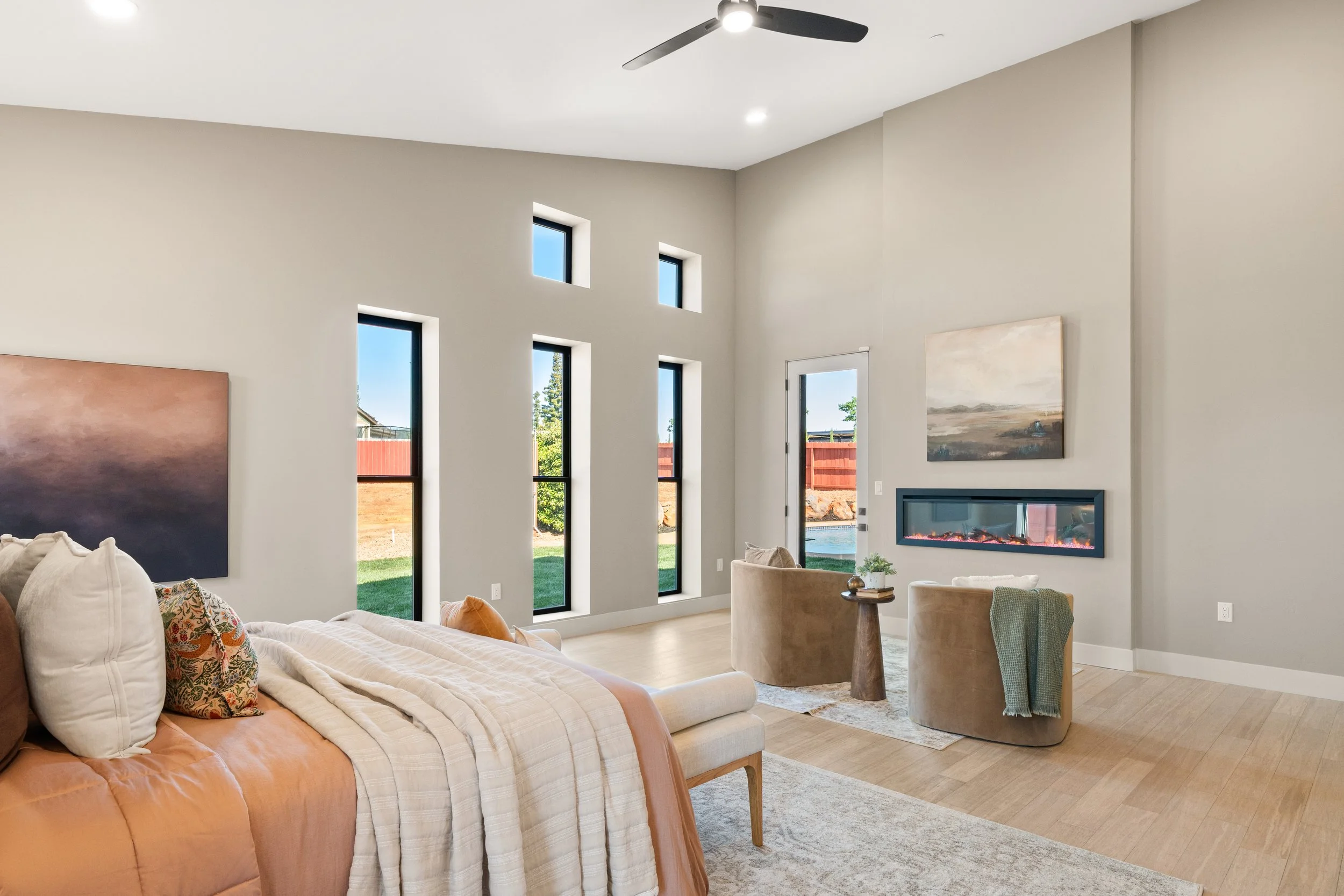5093 Malibu Drive, Paradise, CA Bedroom 3 Primary Suite with Linear Fireplace.  Access to California Room & Pool