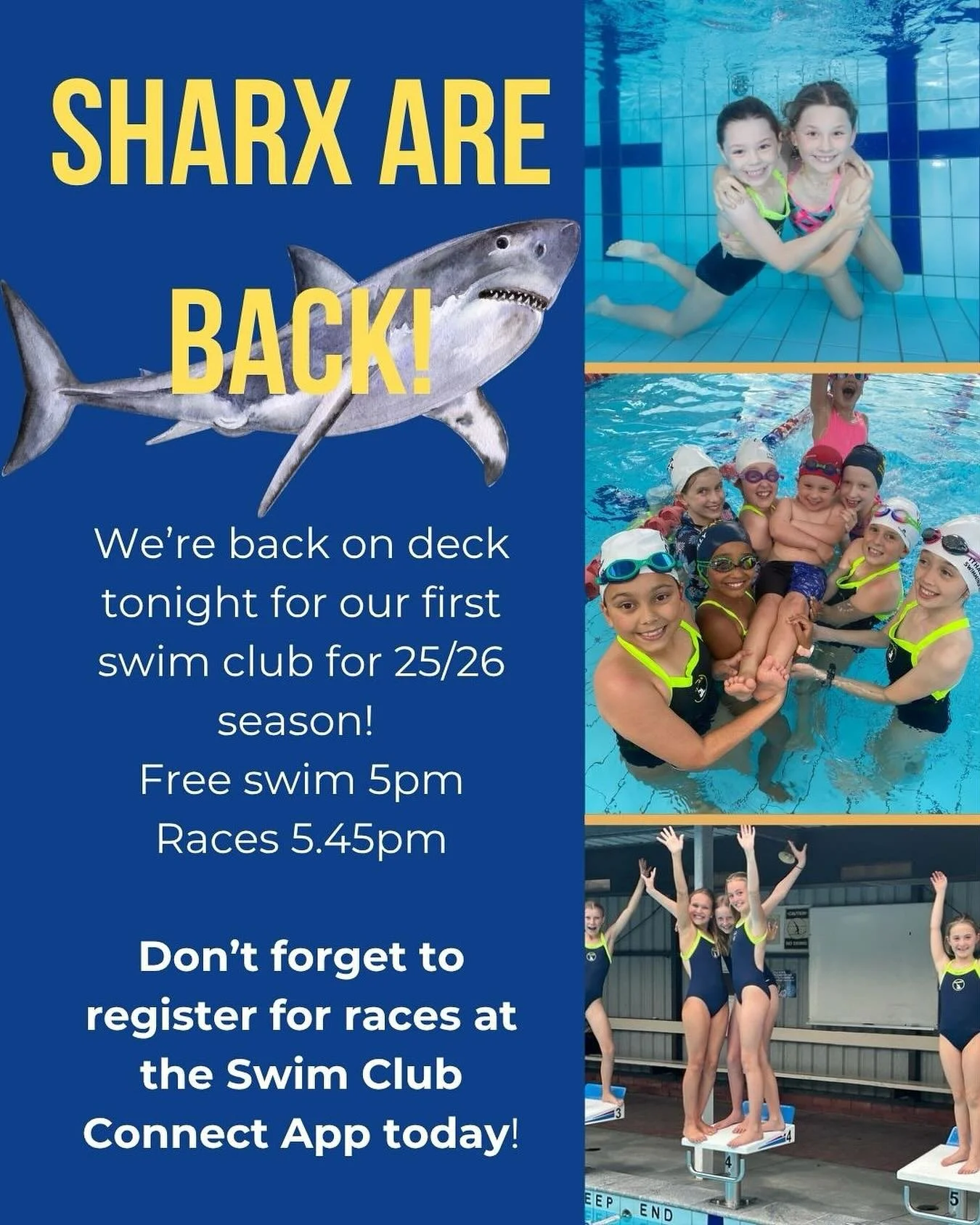 We&rsquo;re back tonight Sharkies!! Don&rsquo;t forget the new time of 5pm for free swim and to register for your races and membership via Swim Club Connect App.