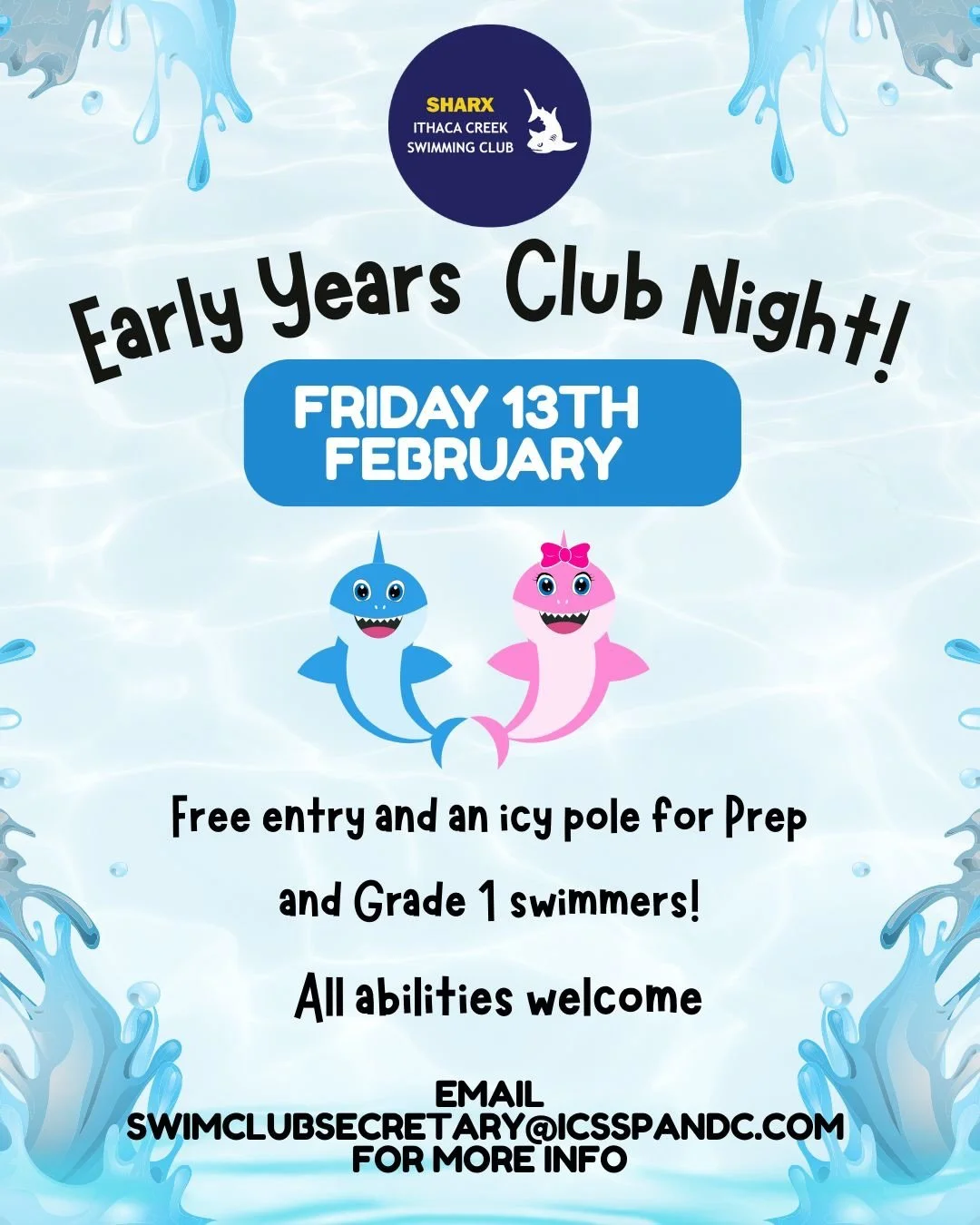 Early Years Club Night! 🏊&zwj;♂️ Yes it&rsquo;s that&rsquo;s time of the year where it&rsquo;s free entry for preppies and year 1 swimmers and a free icy pole for them too!  Lots of 12.5m races happening so come along for some fun. 🤩 

The weather 