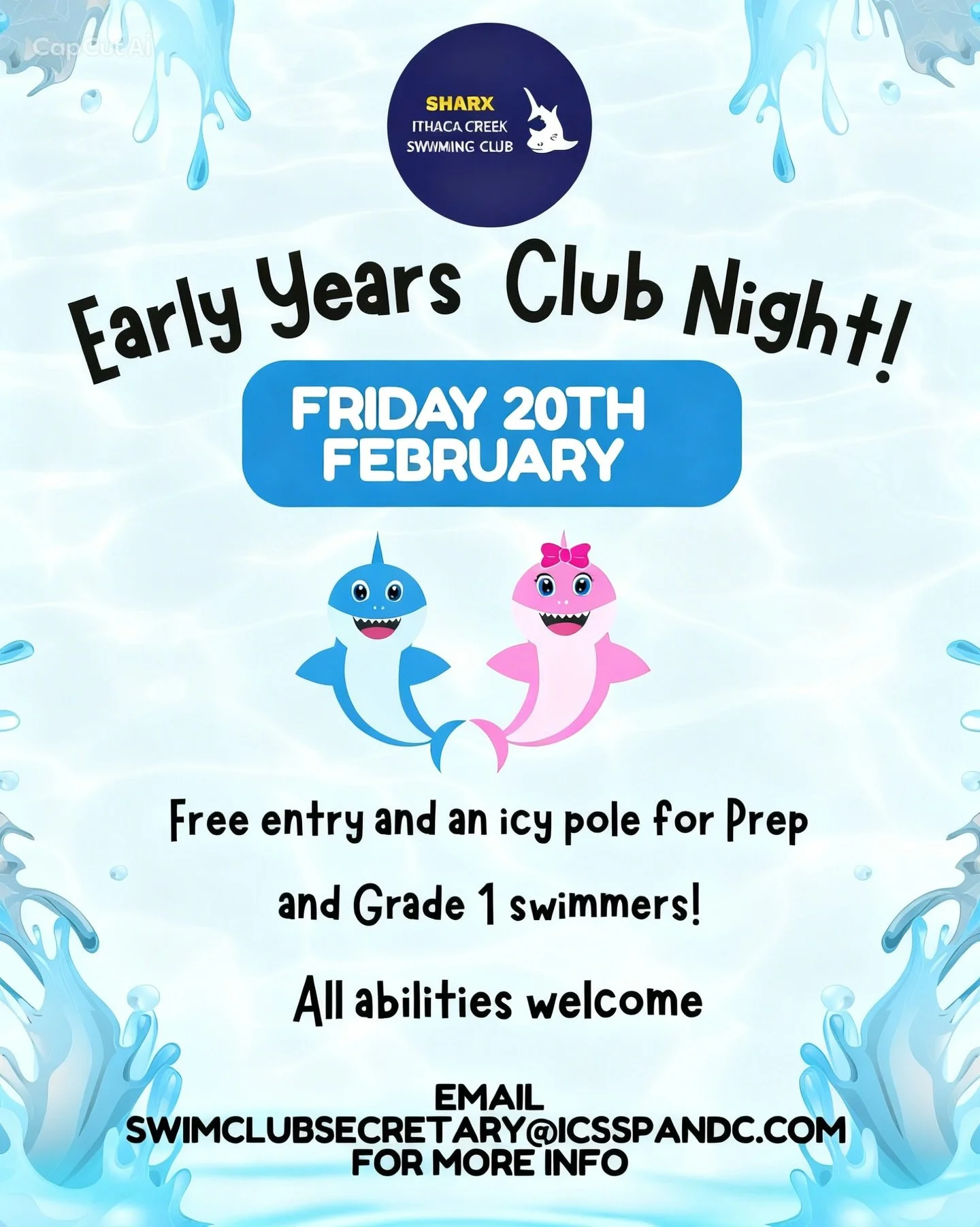 Take 2!! Early Years Club Night this Friday. 

Free entry for preppies and year 1 swimmers and a free icy pole for them too!  Lots of 12.5m races happening so come along for some fun. 🤩