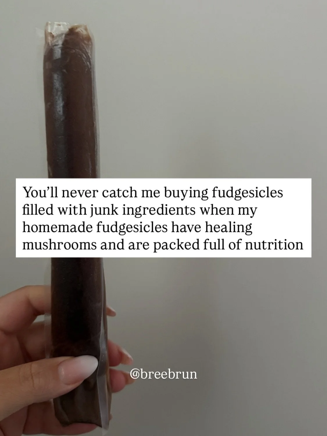 Hand holding a homemade chocolate fudgsicle in a clear freeze sleeve with text reading "You'll never catch me buying fudgesicles filled with junk ingredients when my homemade fudgesicles have healing mushrooms and are packed full of nutrition."