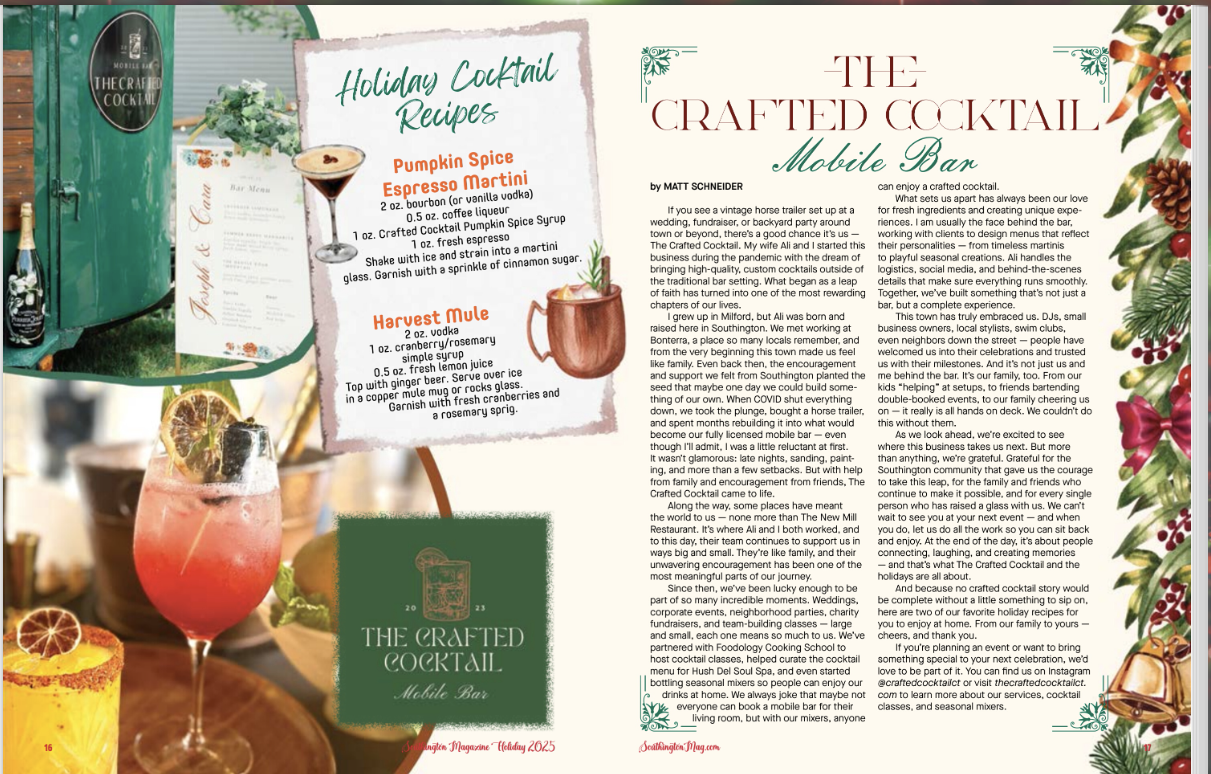 The Crafted Cocktail mobile bar featured in Southington Magazine Holiday 2025 issue