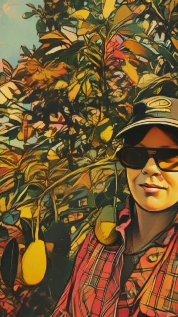 stylised picture of The Avo Keeper in the orchard amongst the trees