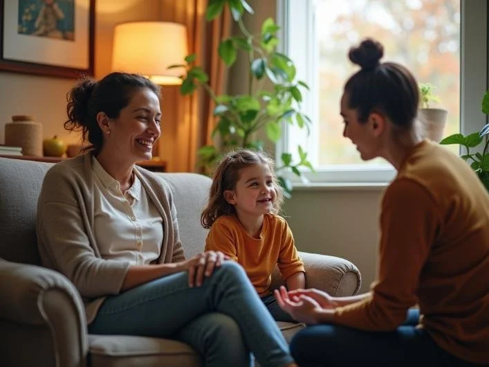 A mother and child sitting comfortably with a therapist.
