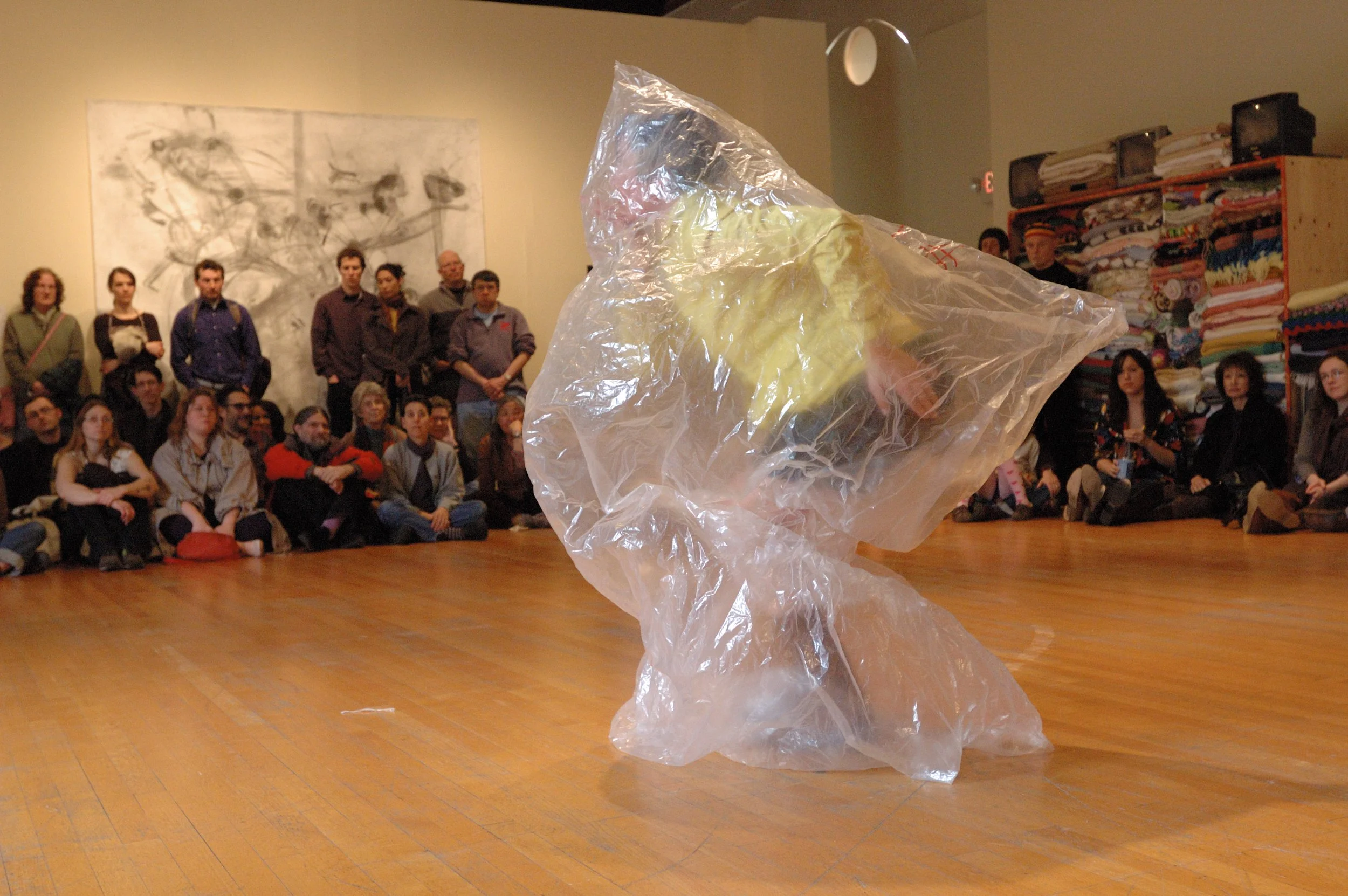 Linda K Johnson, Walking to Know: Satellite, 2012, Dance Performance with plastic, drawings, and various props. Photo: Brian Foulkes