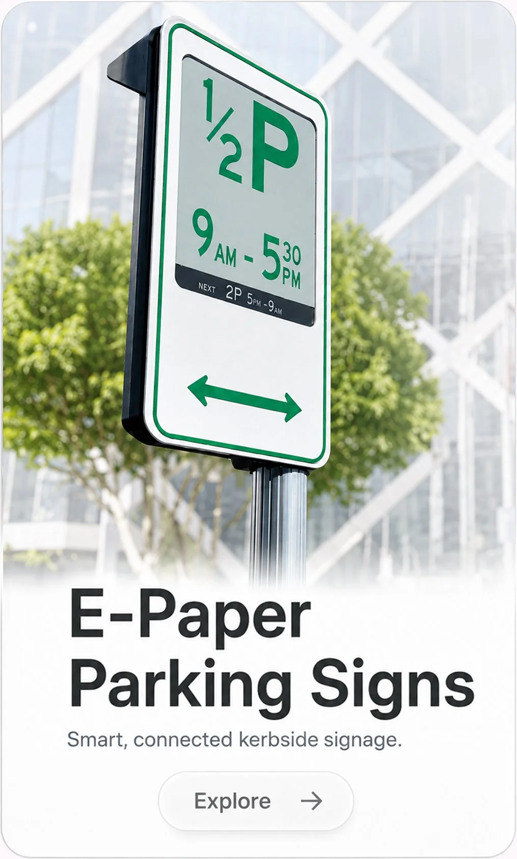 Mercury Innovation digital kerbside parking sign with E Ink E Paper display for smart parking, dynamic restrictions and real-time kerbside management.