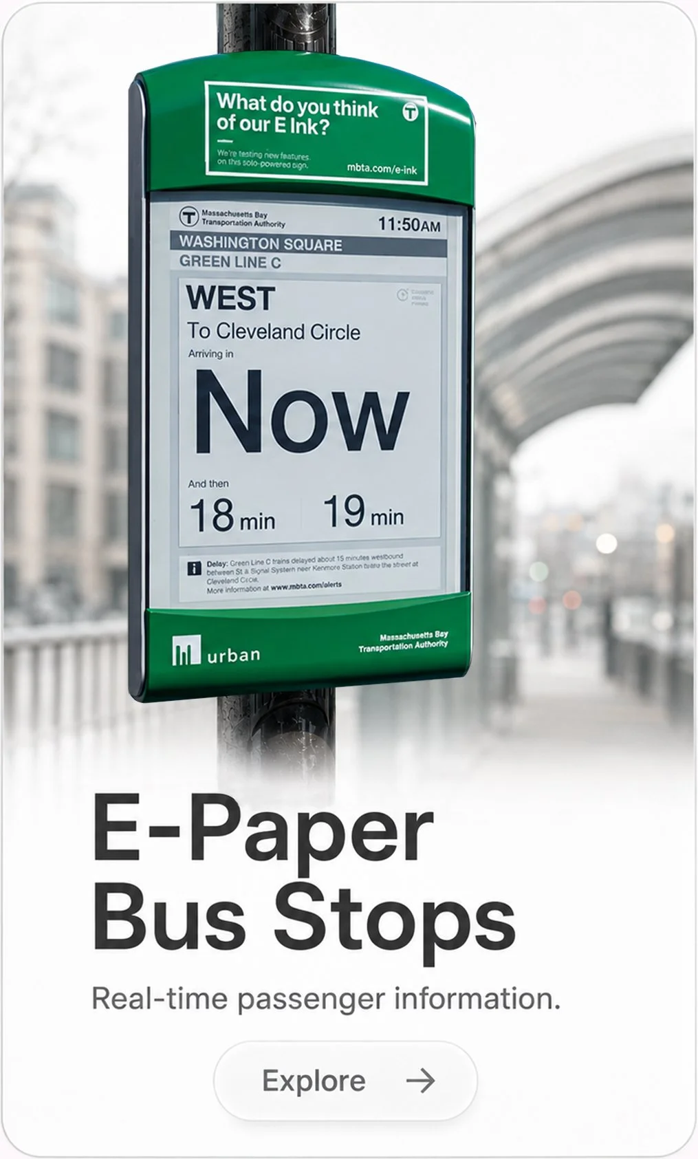 Mercury Innovation eStop digital bus stop with E Ink ePaper RTPID Real Time Passenger Information Display for real-time passenger information and smart public transport signage.