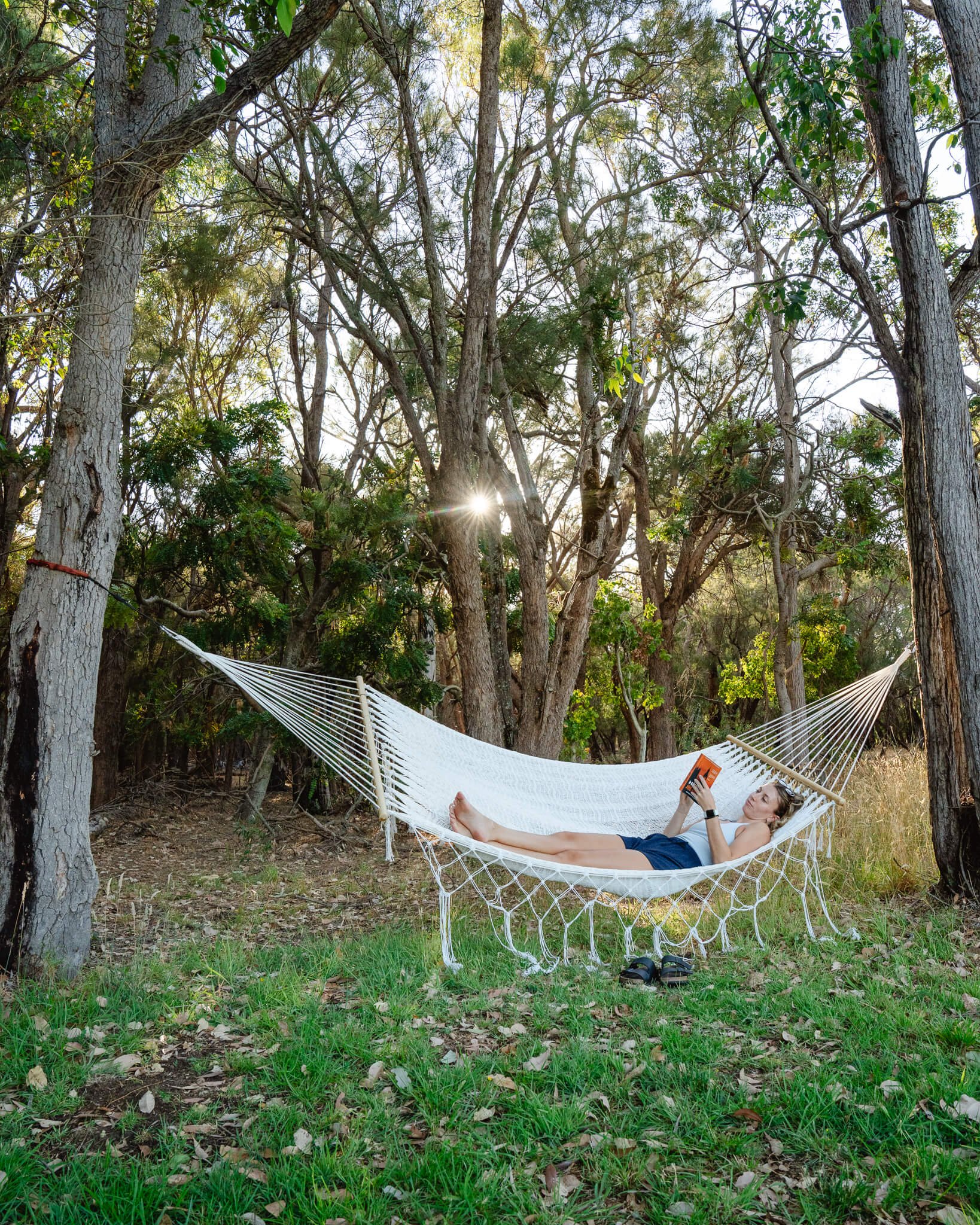 A woman reclining on a white hammock strung between trees in a wooded area, reading a book with the sun shining through the trees.