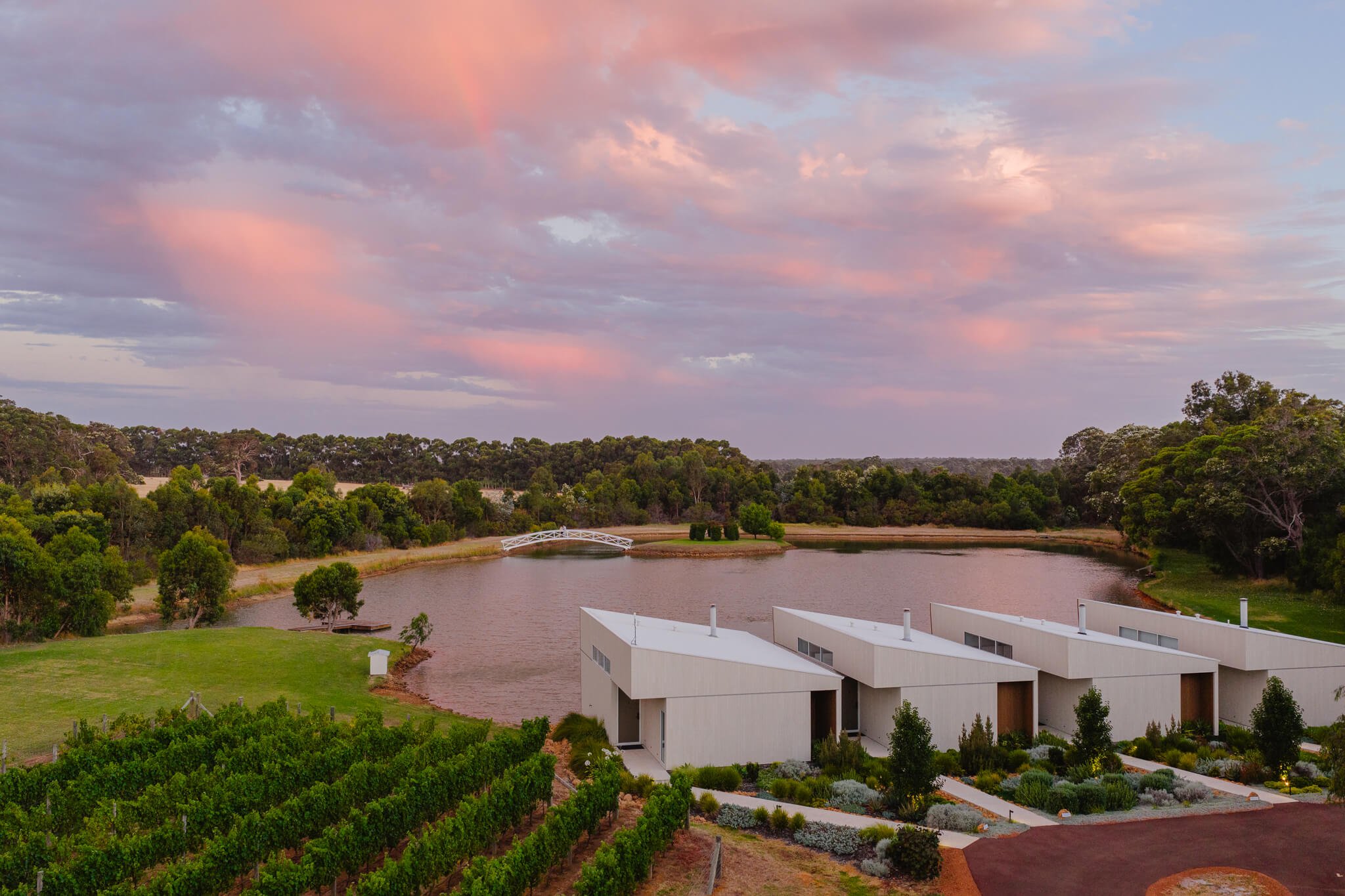 Modern white residential buildings with sloped roofs near a pond, surrounded by landscaped gardens, vineyard, and trees, under a pink and purple sunset sky.