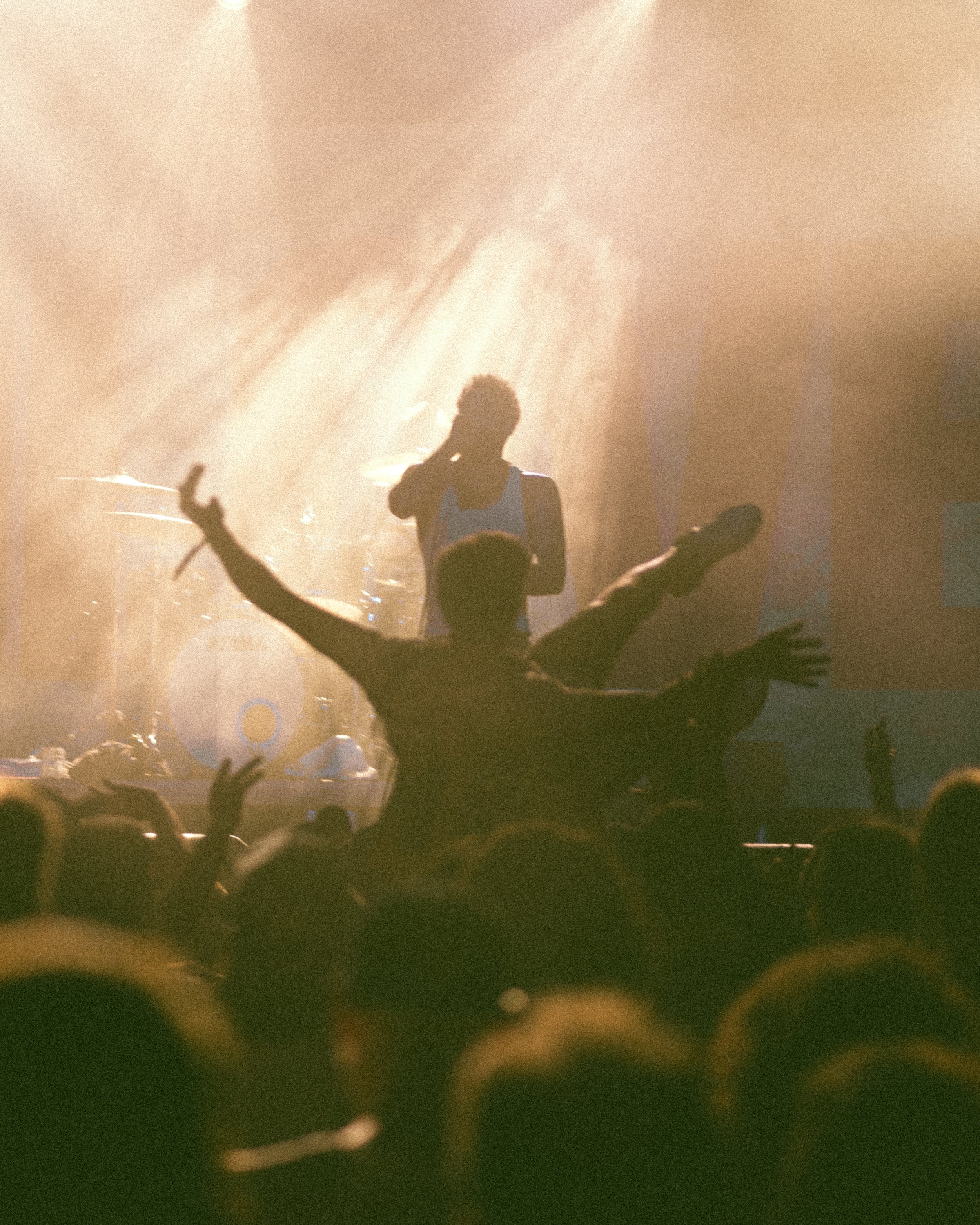 A concert scene with a singer on stage, backlit by bright lights, with audience members in the foreground dancing and raising their hands.
