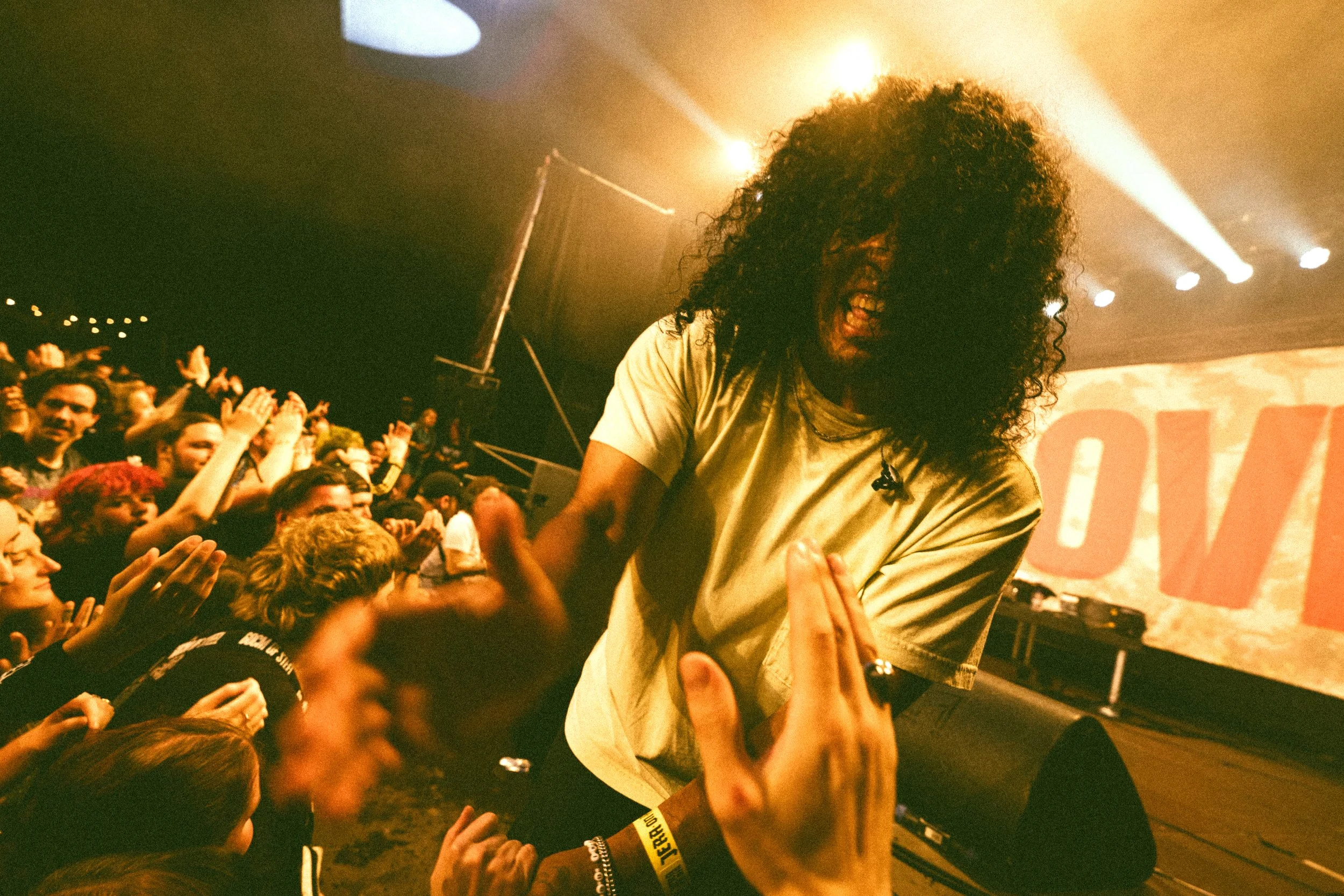 Musician with curly hair performing on stage, surrounded by enthusiastic crowd at a concert.