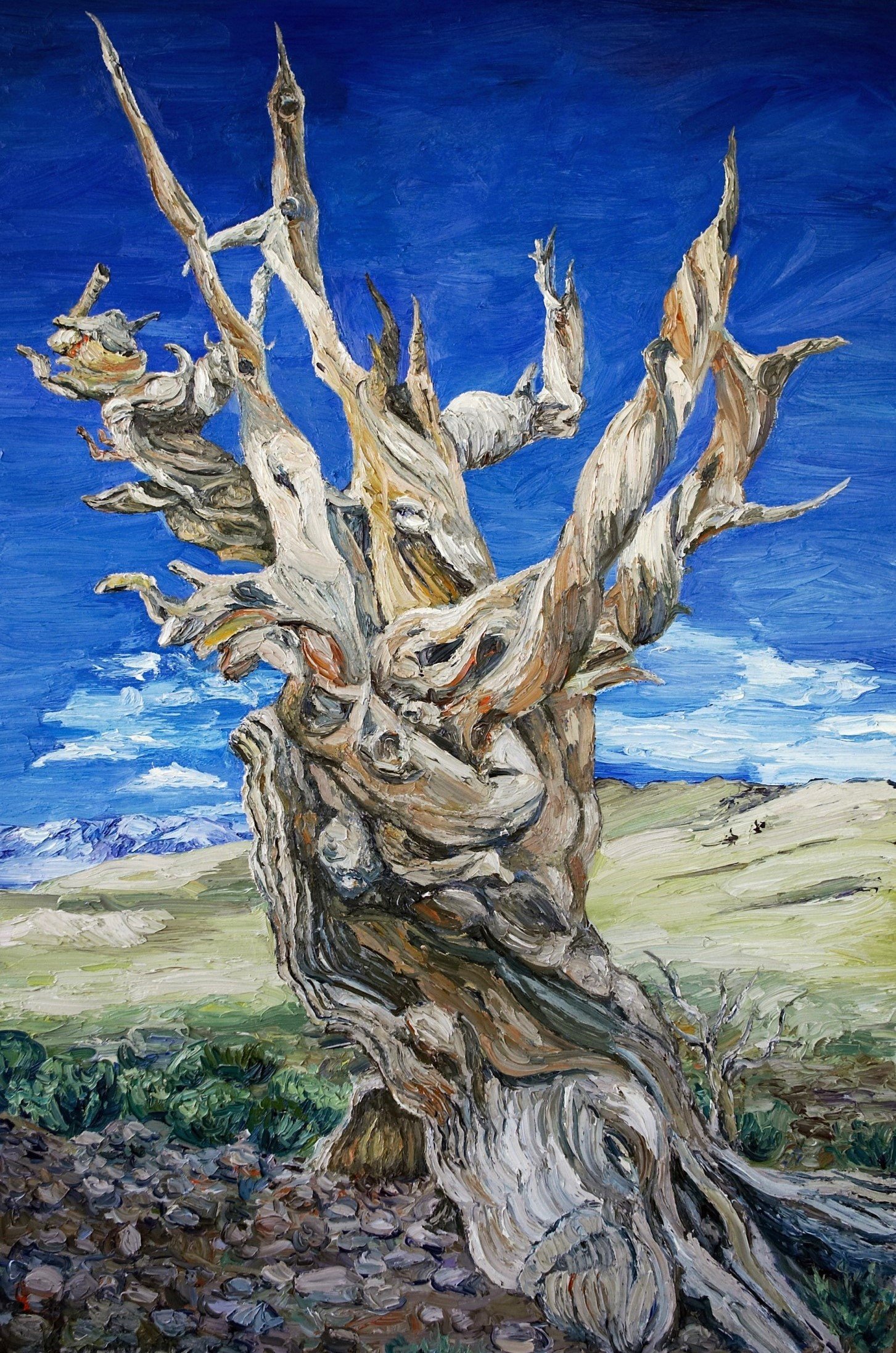 A painting of an old, twisted, leafless tree with gnarled branches set against a bright blue sky with clouds and distant mountains.
