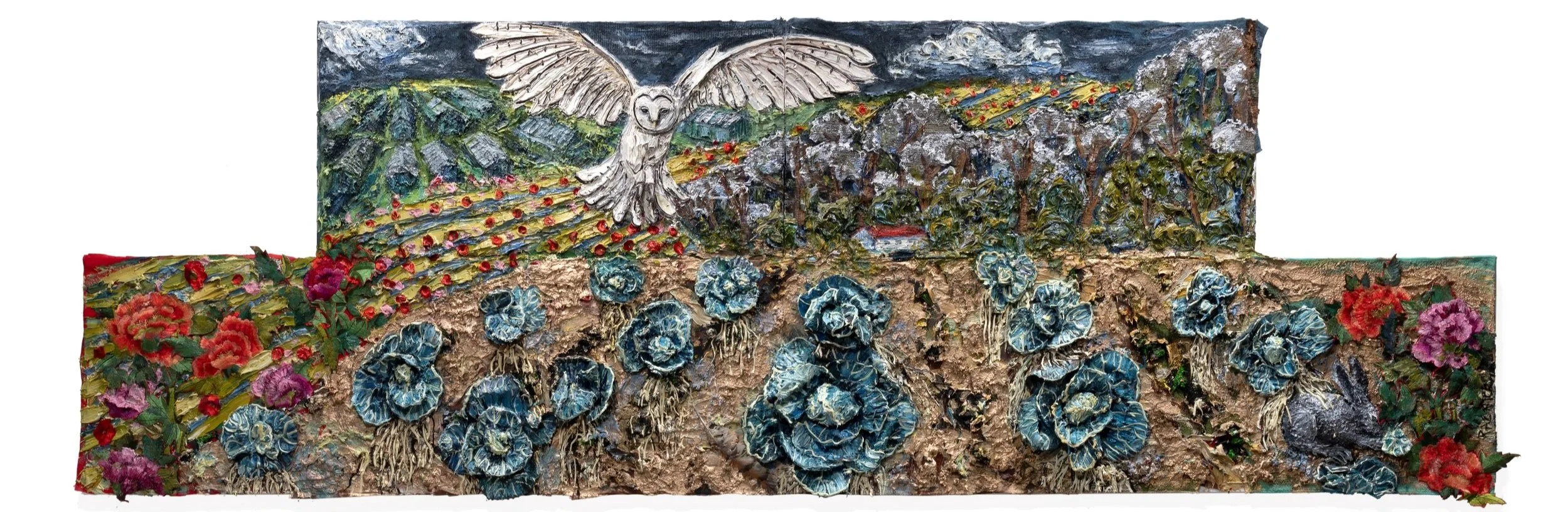 A detailed textured relief artwork of a rural landscape with blue flowers in the foreground, a mountain range and trees in the background, a house, and an owl with outstretched wings flying above.