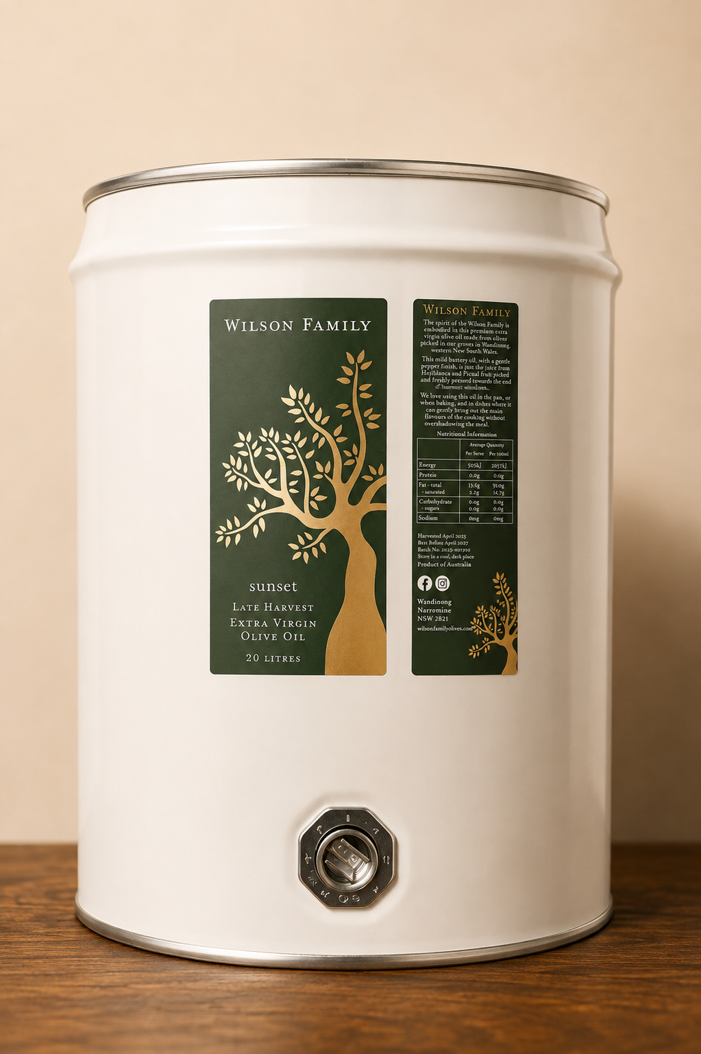 20 Litre Drum - Sunset Late Harvest Extra Virgin Olive Oil (NO POSTAGE - CONTACT TO ARRANGE DELIVERY)