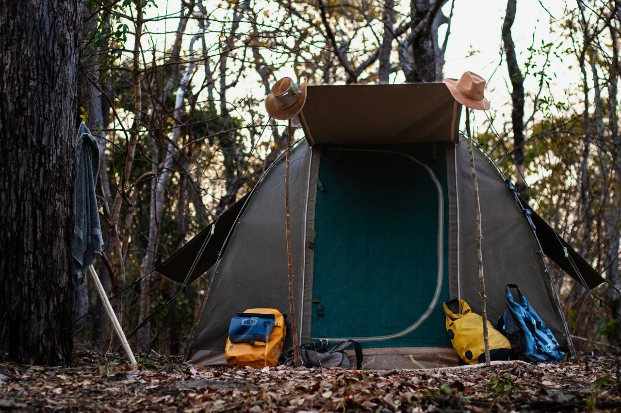 A camping tent set up in a wooded area with trees and fallen leaves; two hats hang from the tent poles, and there are bags and gear outside the tent.