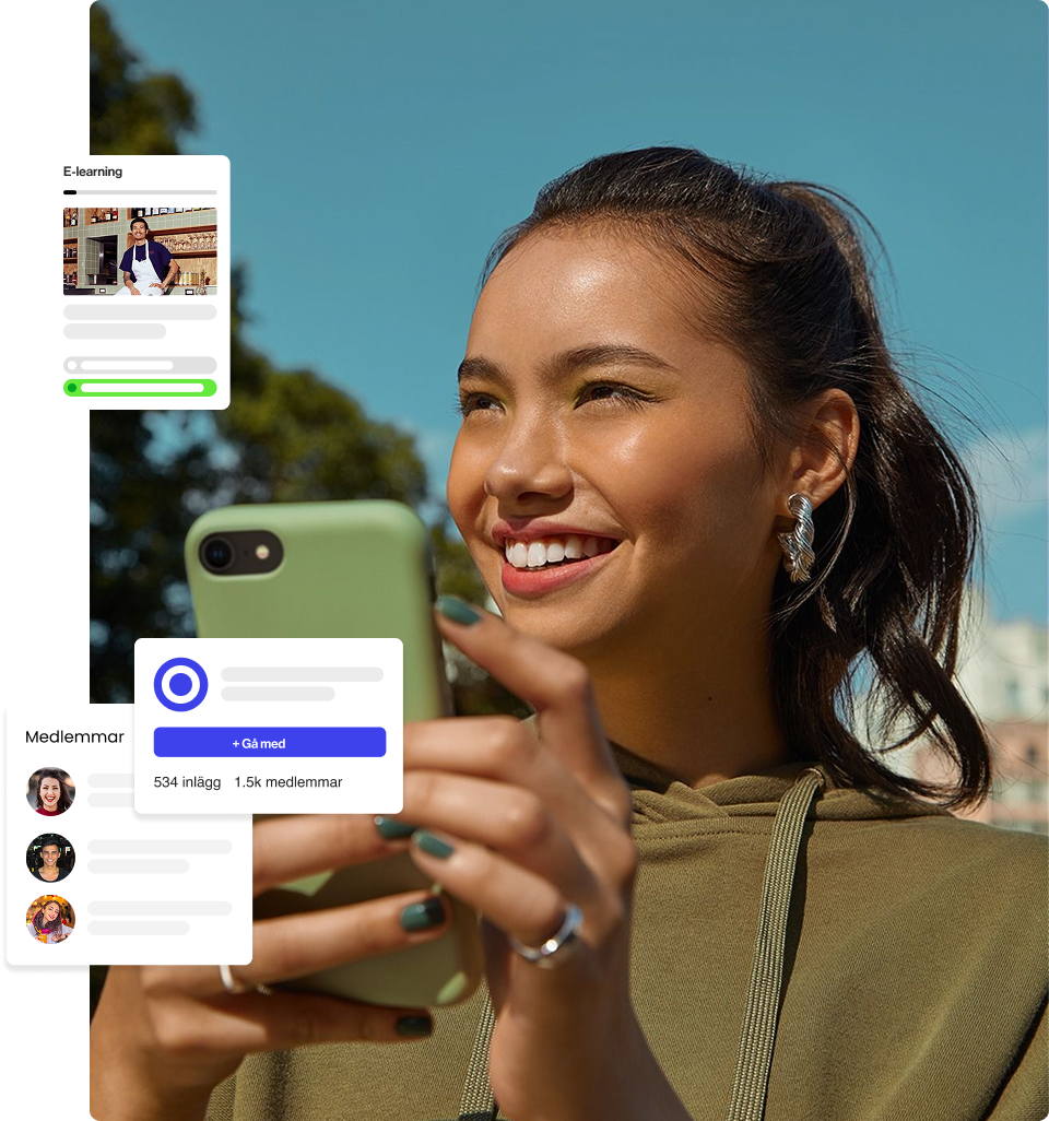 Young woman smiling and looking at her phone outdoors on a sunny day with social media posts overlayed