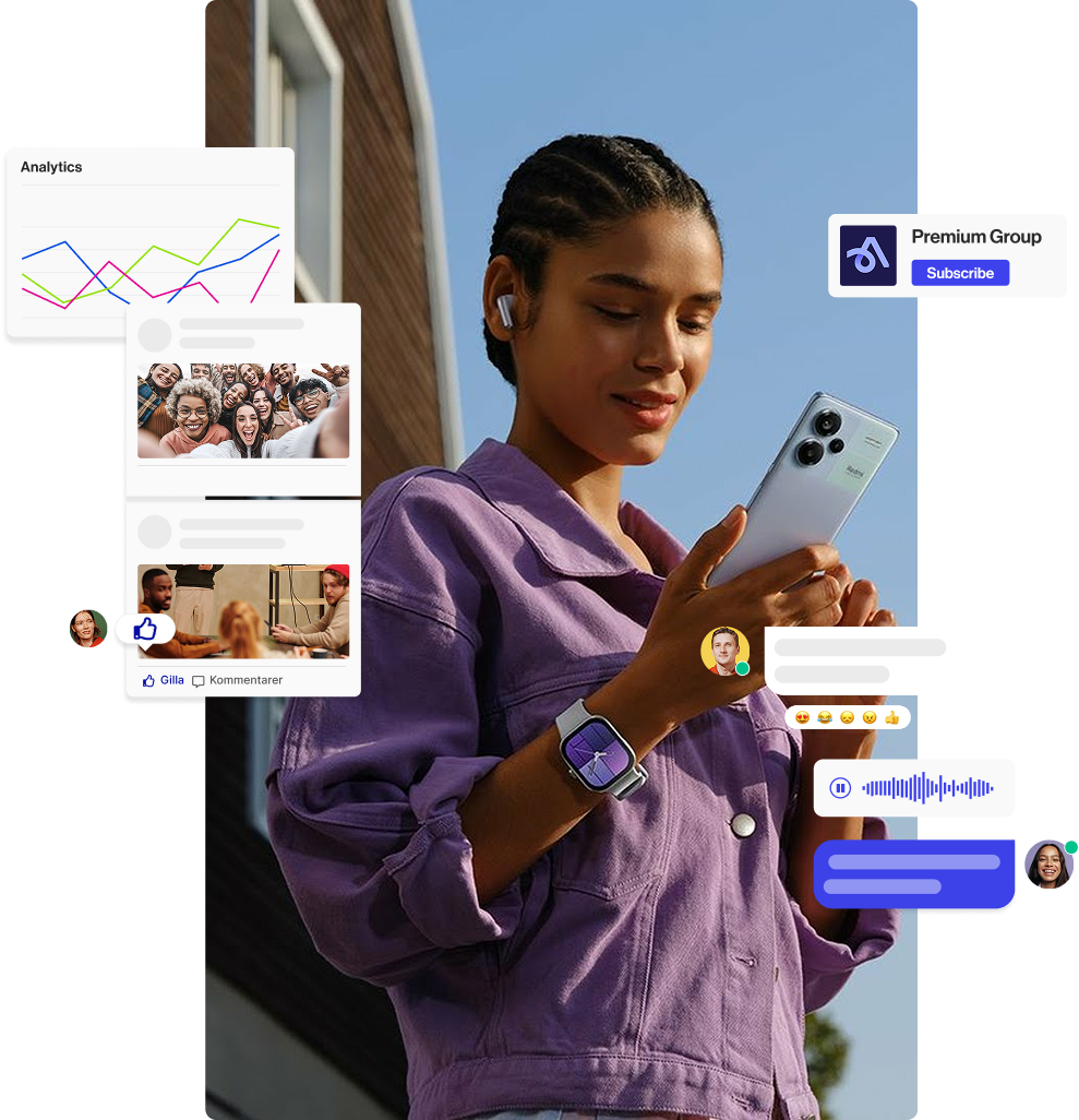 Young woman outdoors looking at her smartphone, wearing wireless earbuds and smartwatch, with social media notifications, comments, and analytics graphics overlayed.