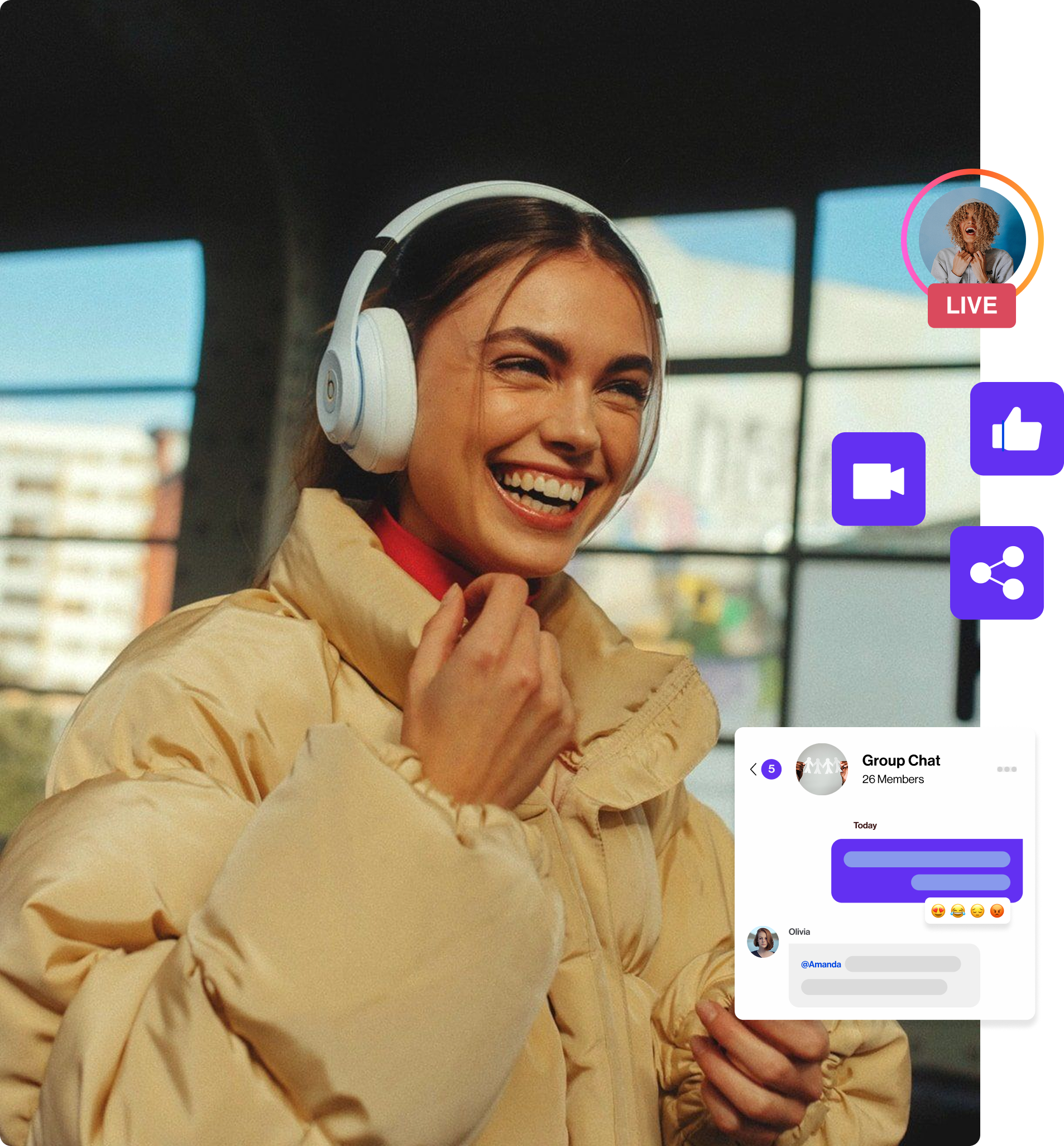 A woman wearing a yellow puffer jacket and white headphones smiling and holding a phone with a group chat screen visible.