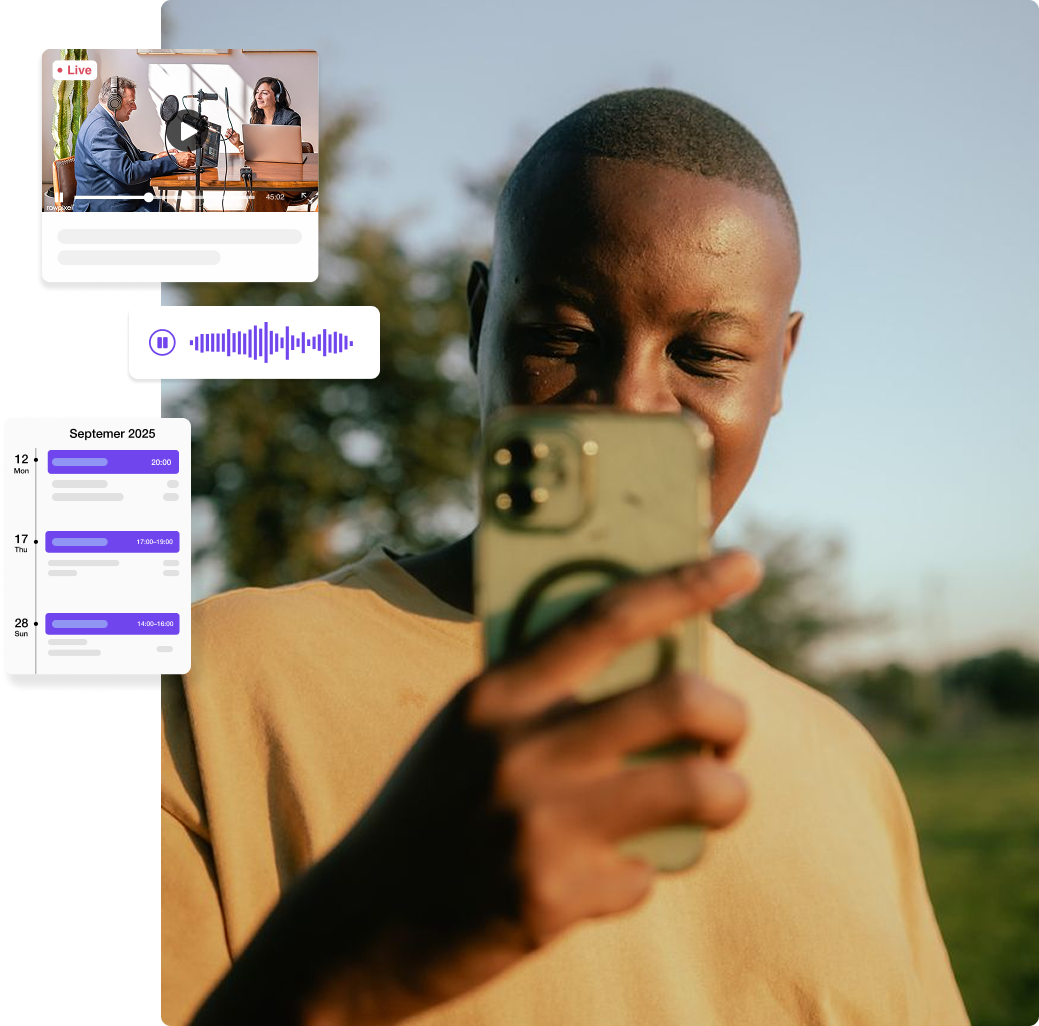 A young man outdoors looking at his smartphone, with digital overlays of a live podcast recording, a voice recording waveform, and a calendar.
