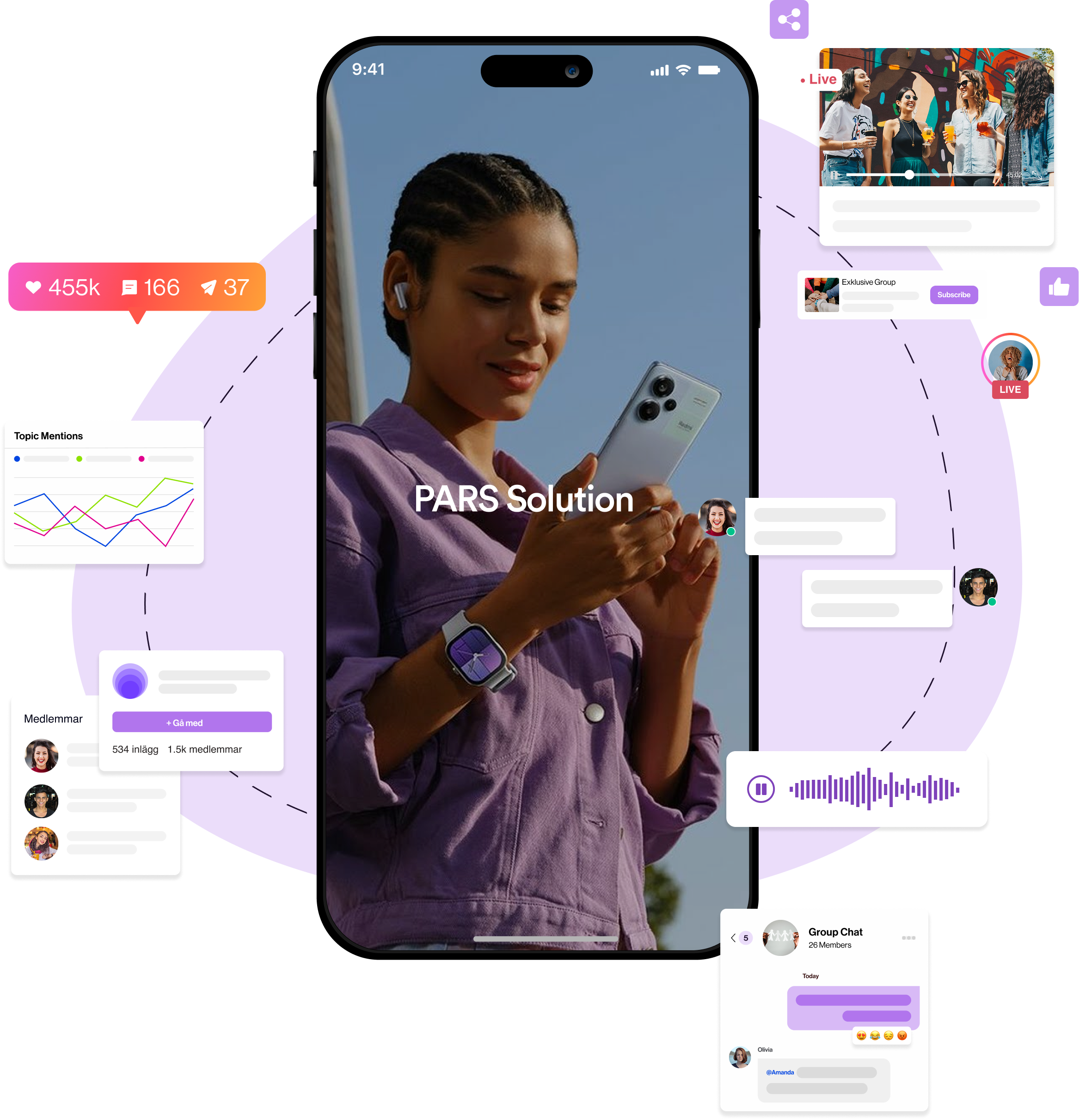 A woman is taking a selfie with her smartphone while wearing wireless earbuds and a smartwatch, surrounded by various social media and chat interface elements, including live videos, notifications, graphs, and messages.