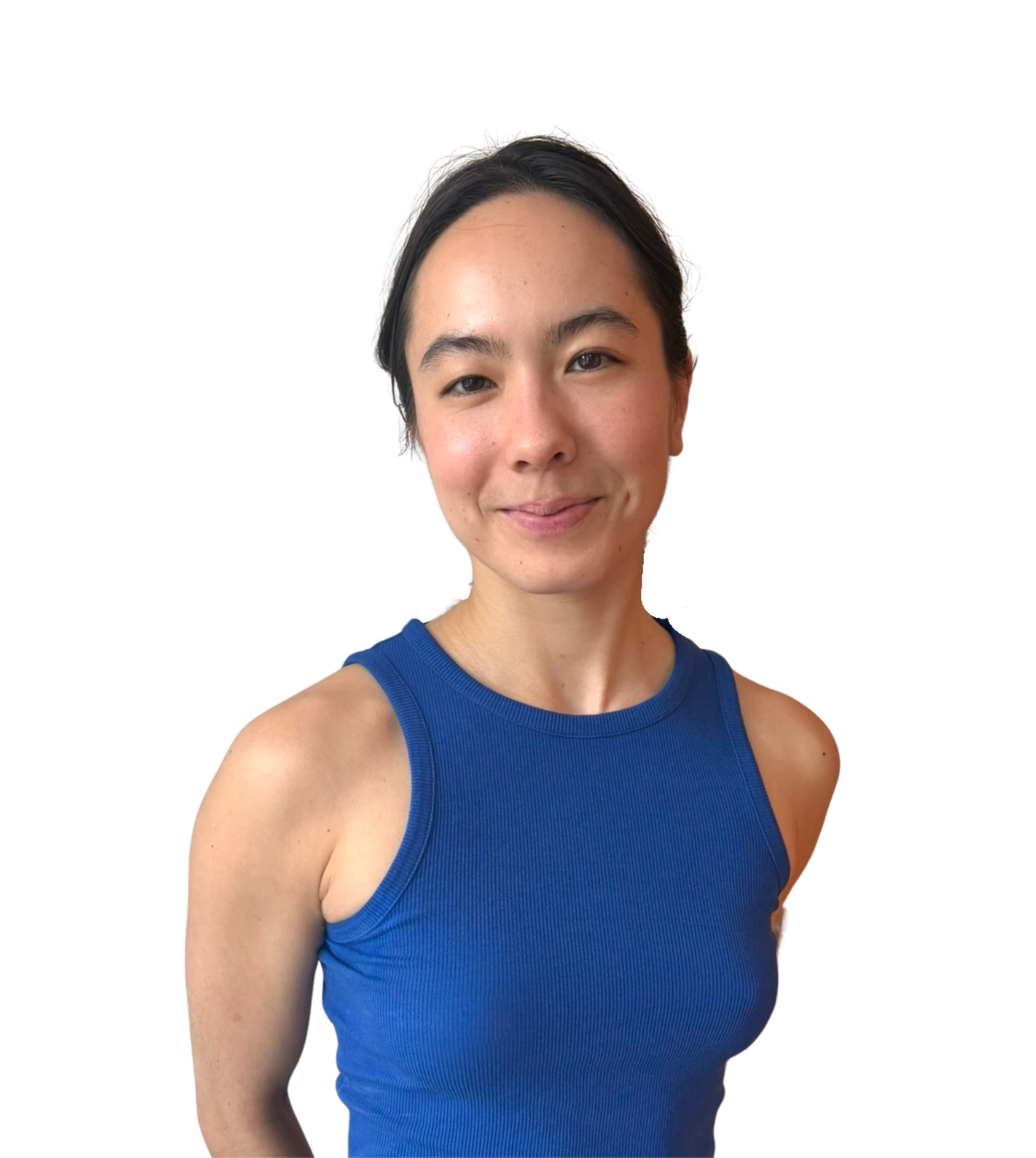 A woman with short black hair wearing a blue sleeveless athletic top, smiling slightly, with a plain white background.