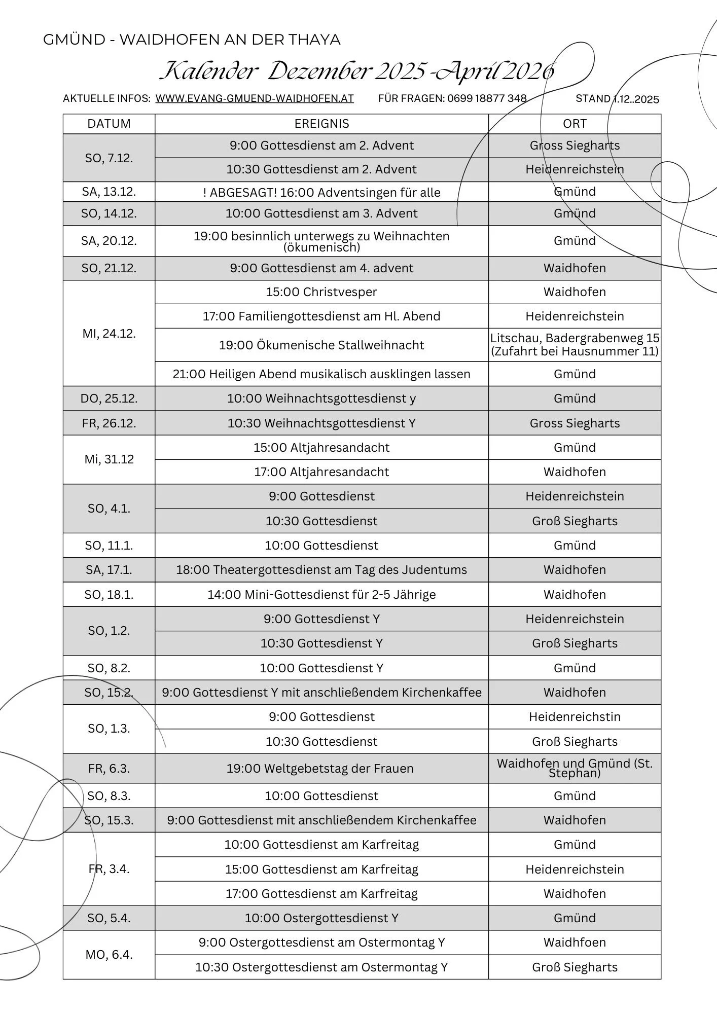 Gottesdienste und Veranstaltungen 2025/26