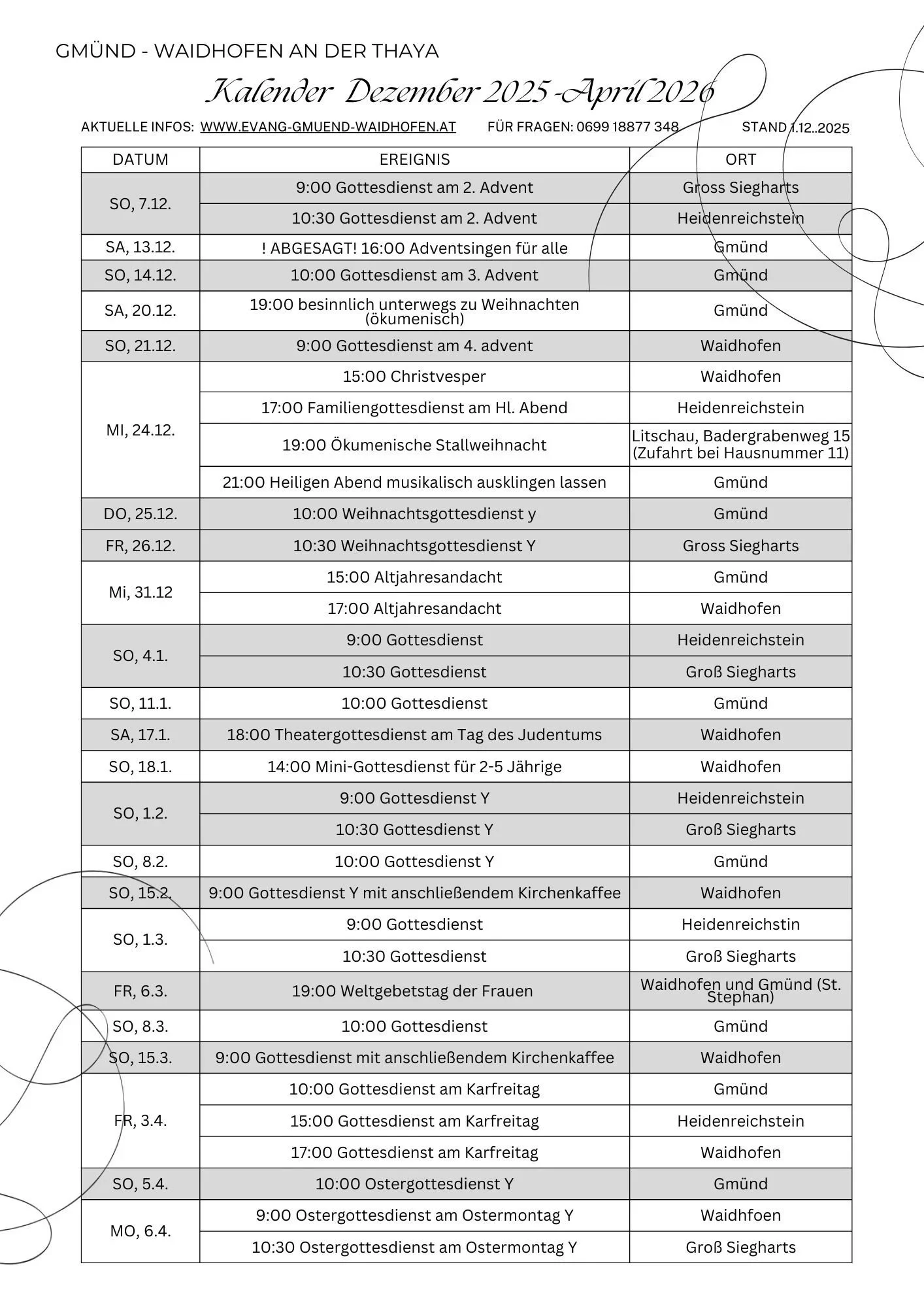 Gottesdienste und Veranstaltungen bis April 2026